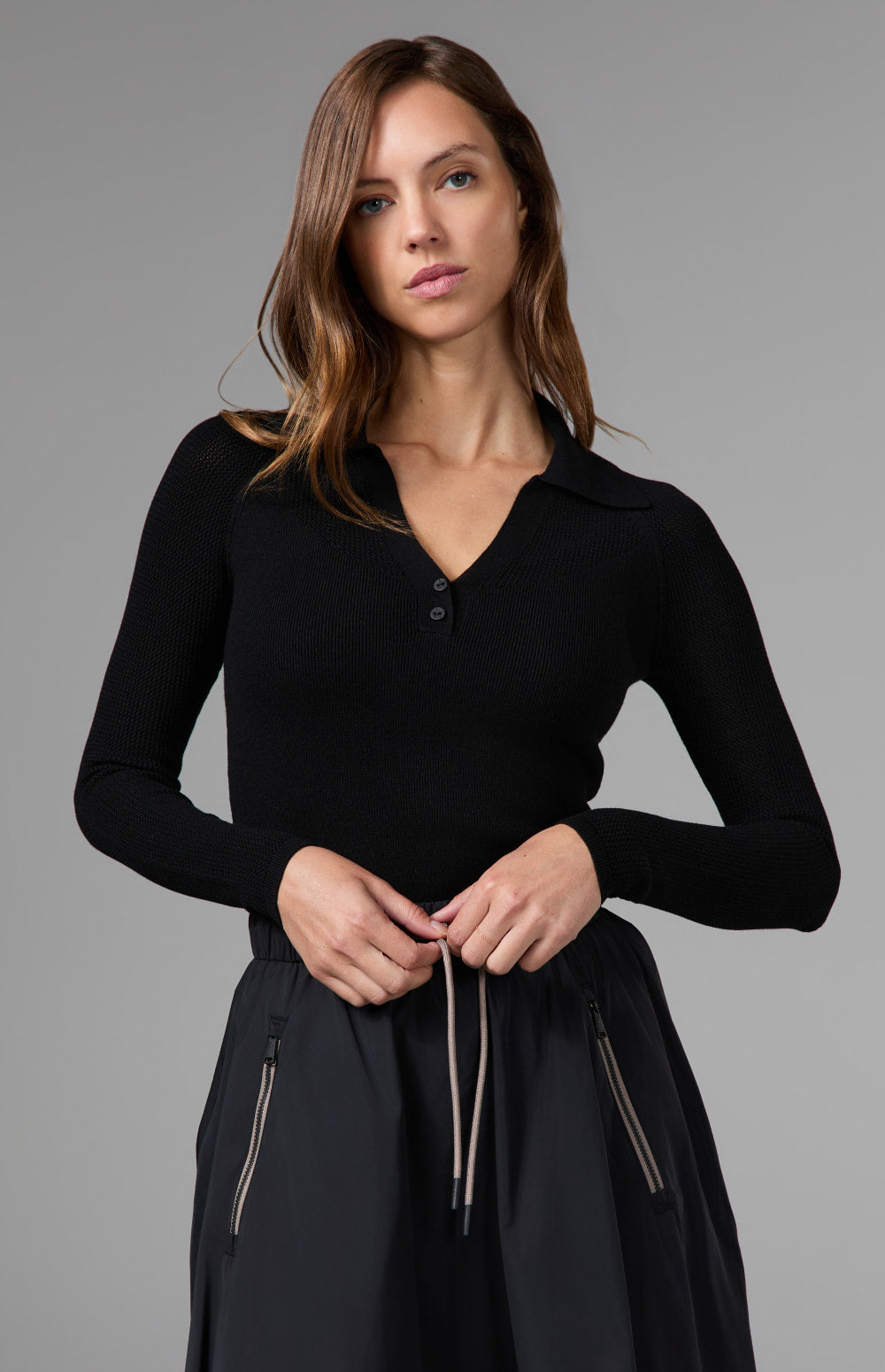 Alp N Rock Fiona Polo Sweater, black longsleeve polo sweater with collar