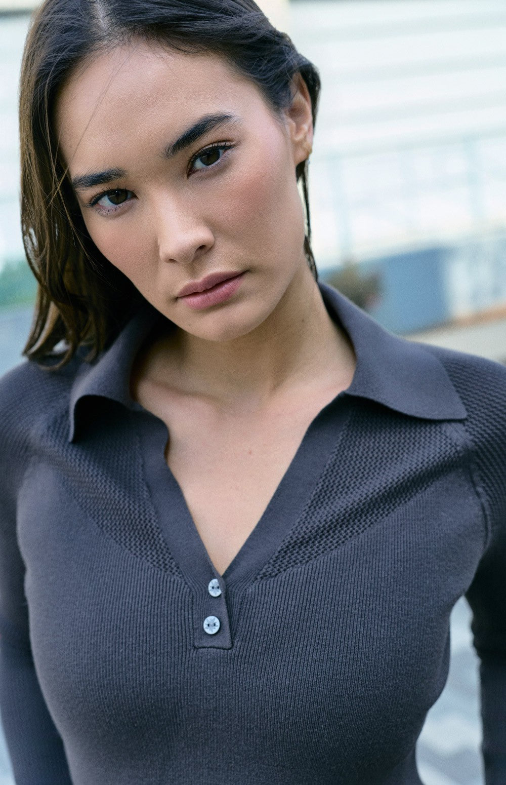 Alp N Rock Fiona Polo Sweater, dark brown longsleeve polo sweater with collar