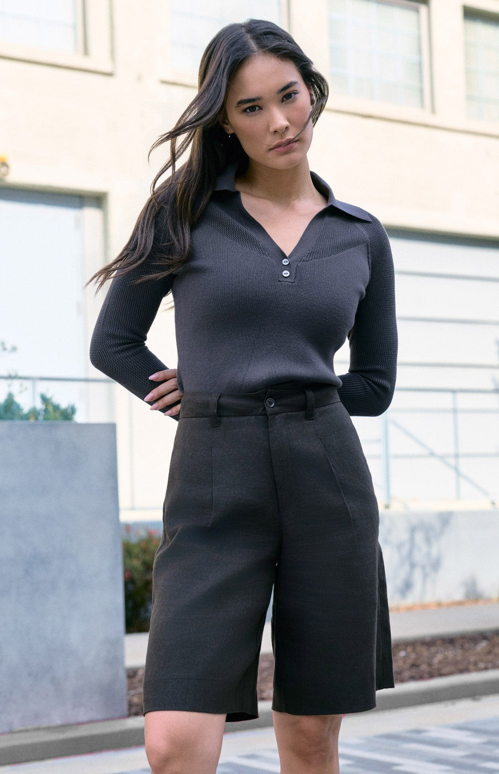 Alp N Rock Fiona Polo Sweater, dark brown longsleeve polo sweater with collar
