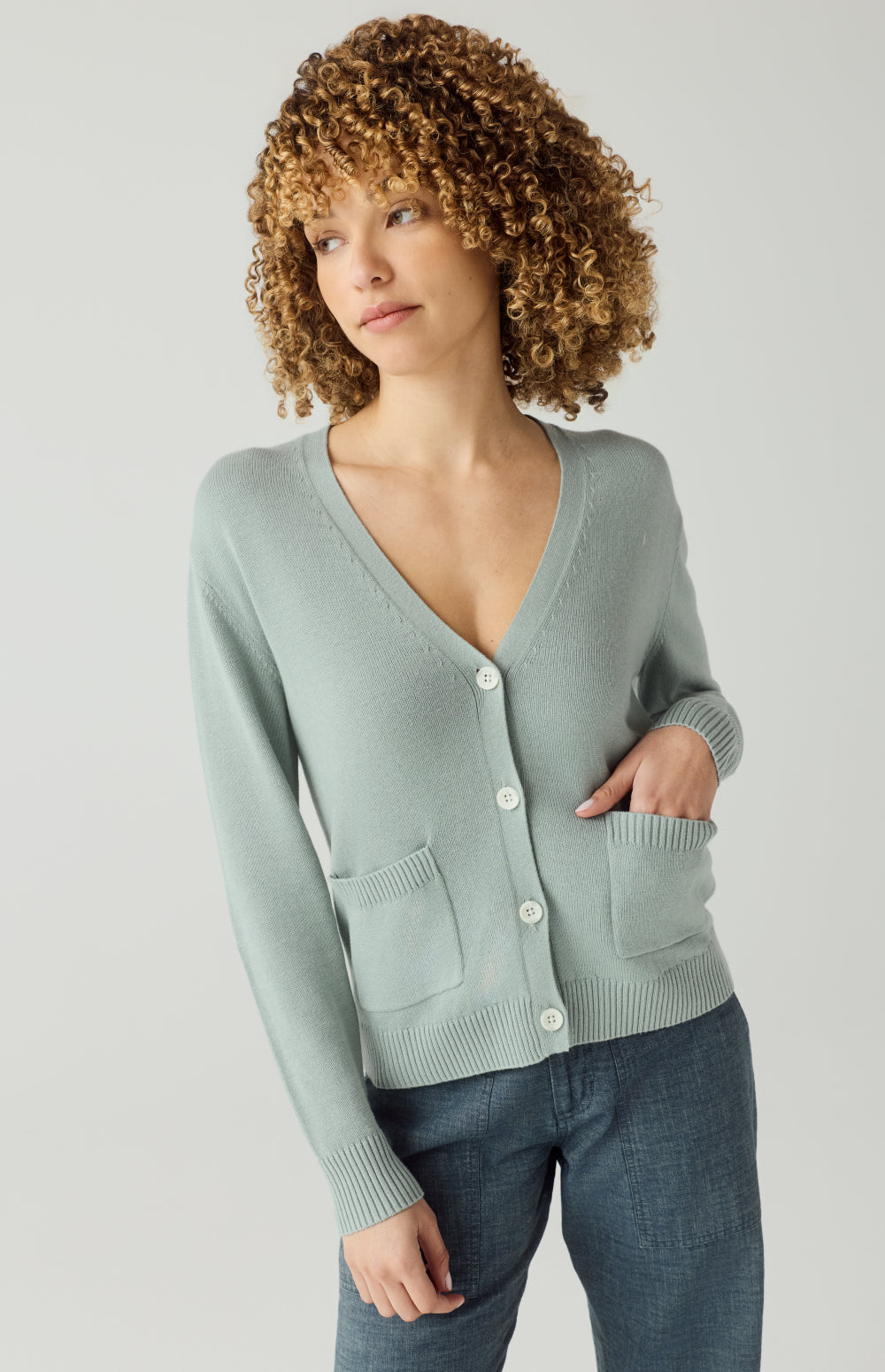 Alp N Rock Florence Cardigan, silver blue button front women's cardigan with patch pockets
