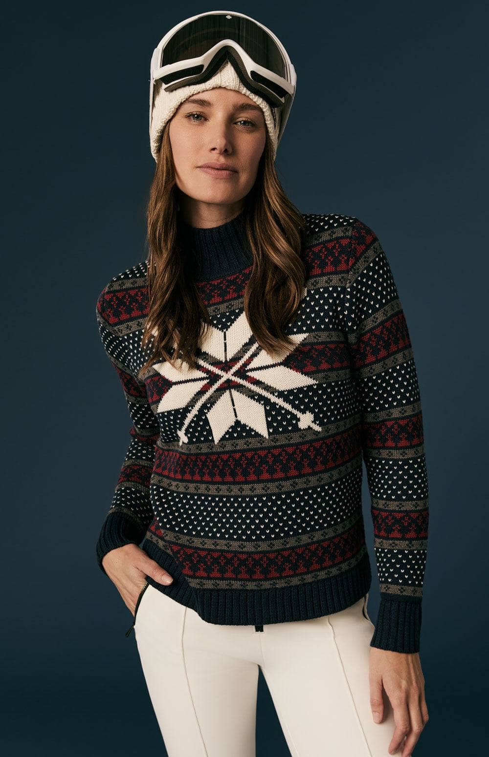 Gitte Sweater by Alp N Rock, Women's Navy Mock Neck Ski Sweater with Snowflake and Fair Isle Pattern