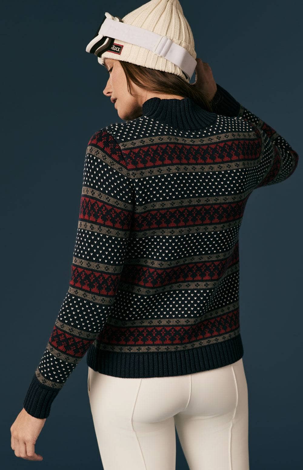 Gitte Sweater by Alp N Rock, Women's Navy Mock Neck Ski Sweater with Snowflake and Fair Isle Pattern