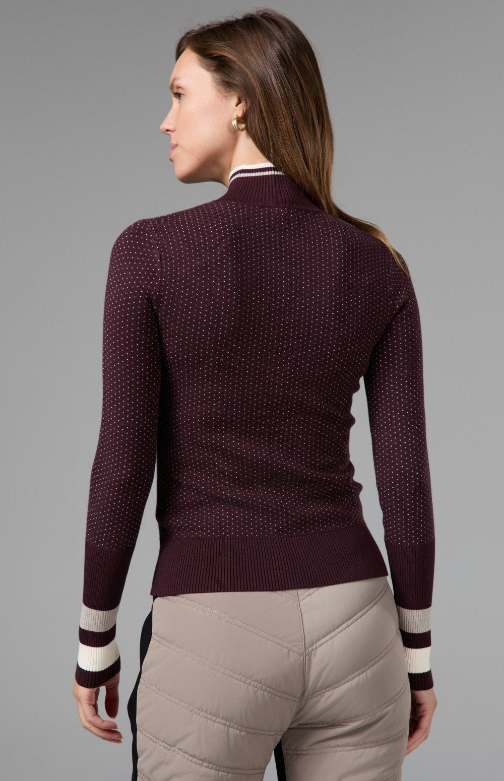 Alp N Rock Holly Sweater, dark red mock neck ski sweater for women with snowflake and polka dot pattern
