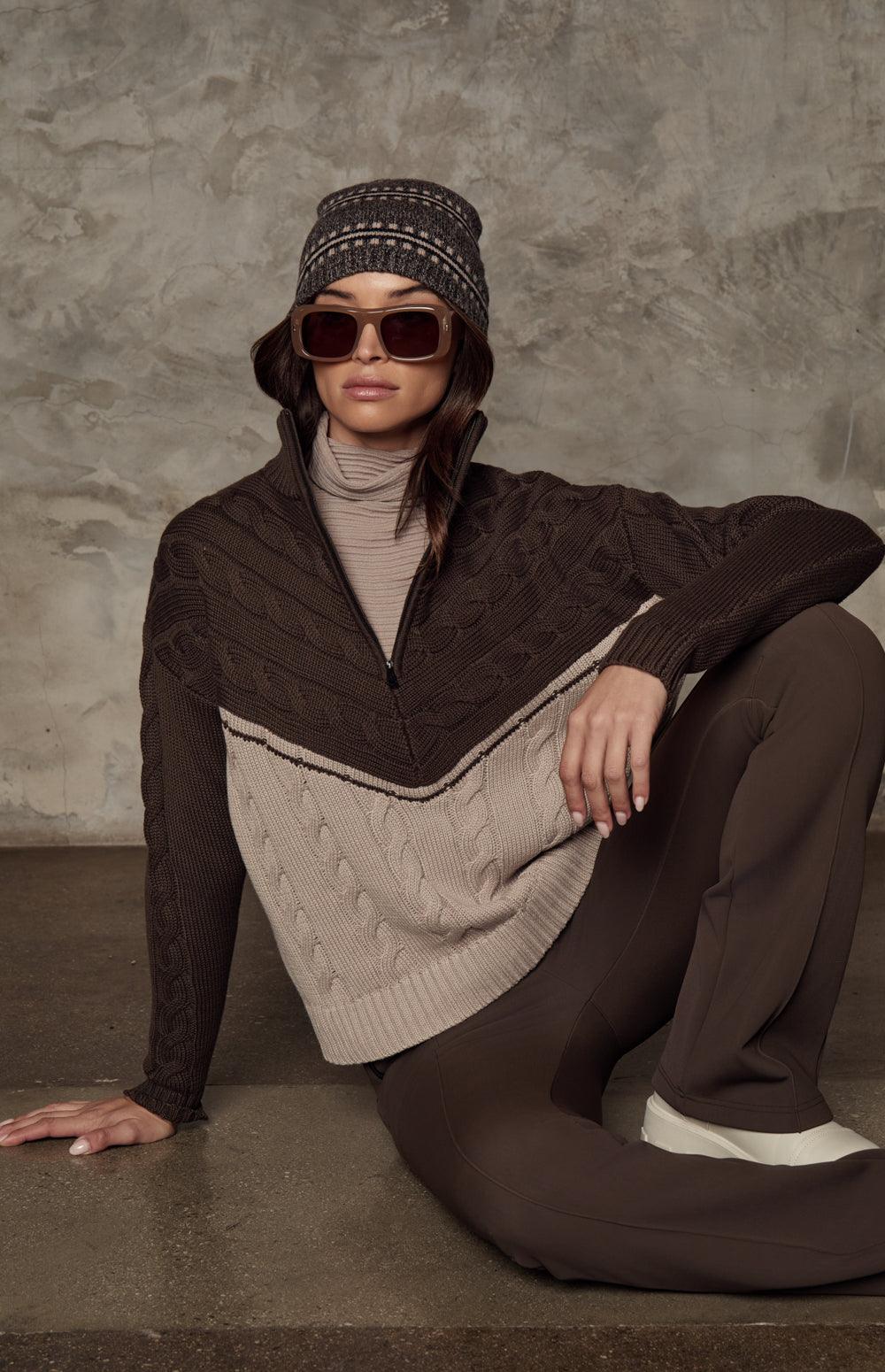 Alp N Rock Jordan Sweater, dark brown and light brown oversized cable knit sweater with half zip for women