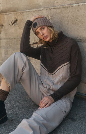 Jordan 1 2 Zip Cable Knit Sweater Coffee