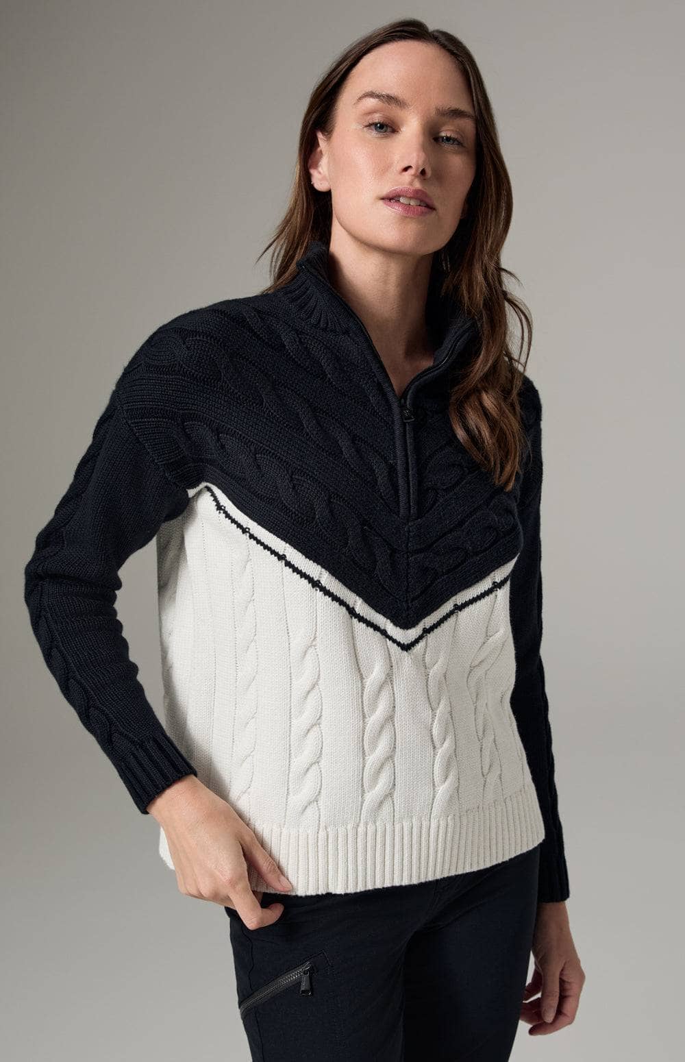 Alp N Rock Jordan Sweater, Women's Cable Knit Sweater with Half Zip and Black and White V Pattern