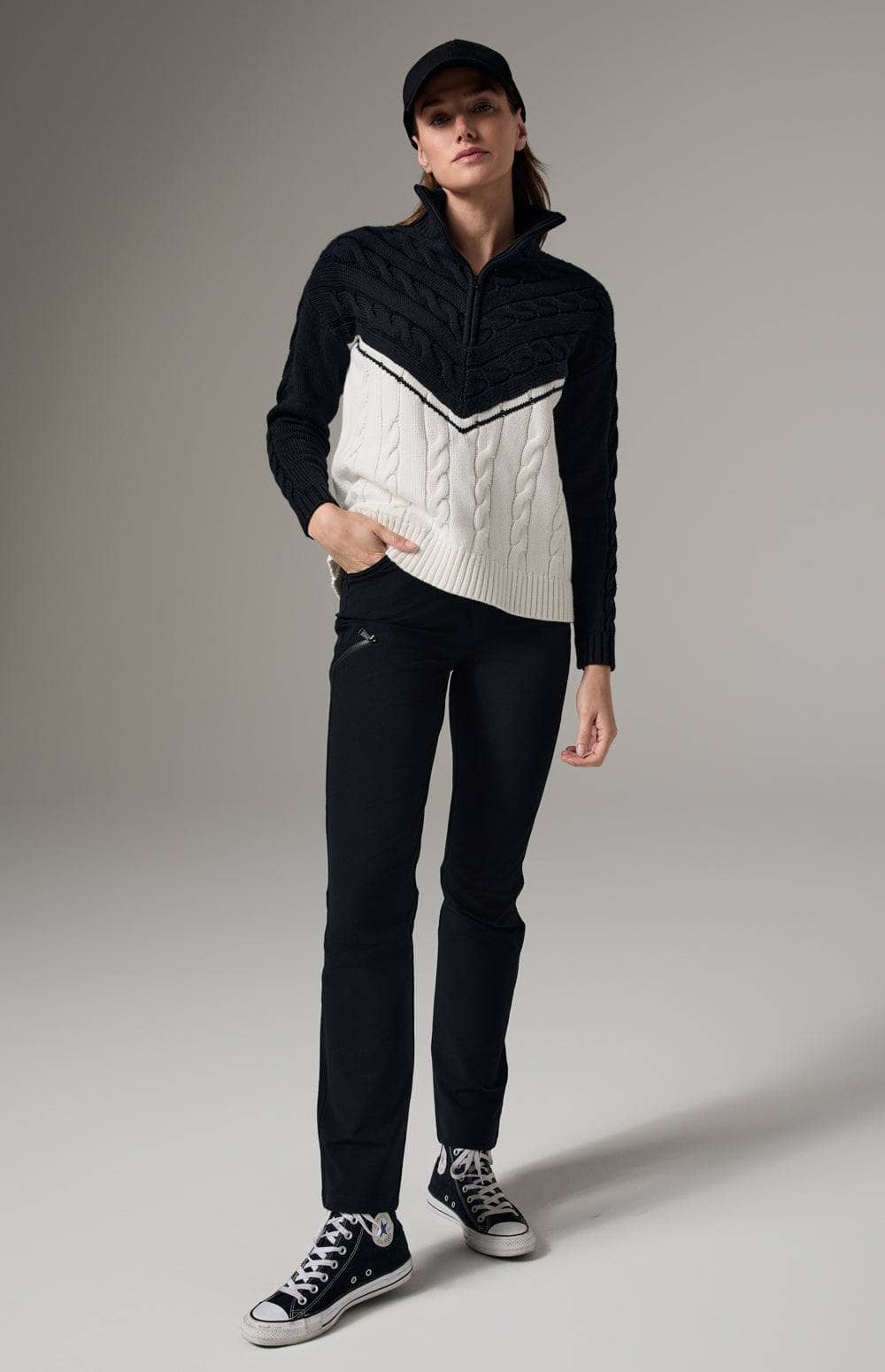 Alp N Rock Jordan Sweater, Women's Cable Knit Sweater with Half Zip and Black and White V Pattern