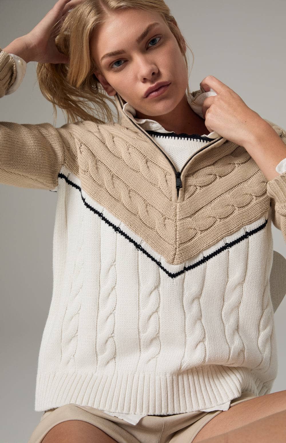 Alp N Rock Jordan Sweater, Women's Cable Knit Sweater with Half Zip and Beige and White V Pattern