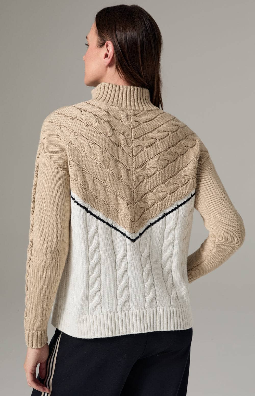 Alp N Rock Jordan Sweater, Women's Cable Knit Sweater with Half Zip and Beige and White V Pattern