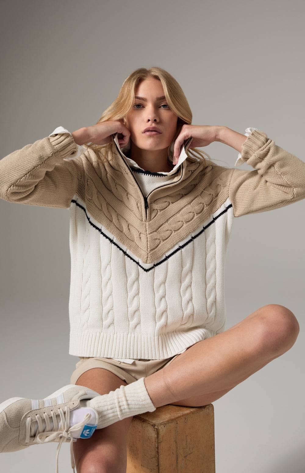 Alp N Rock Jordan Sweater, Women's Cable Knit Sweater with Half Zip and Beige and White V Pattern