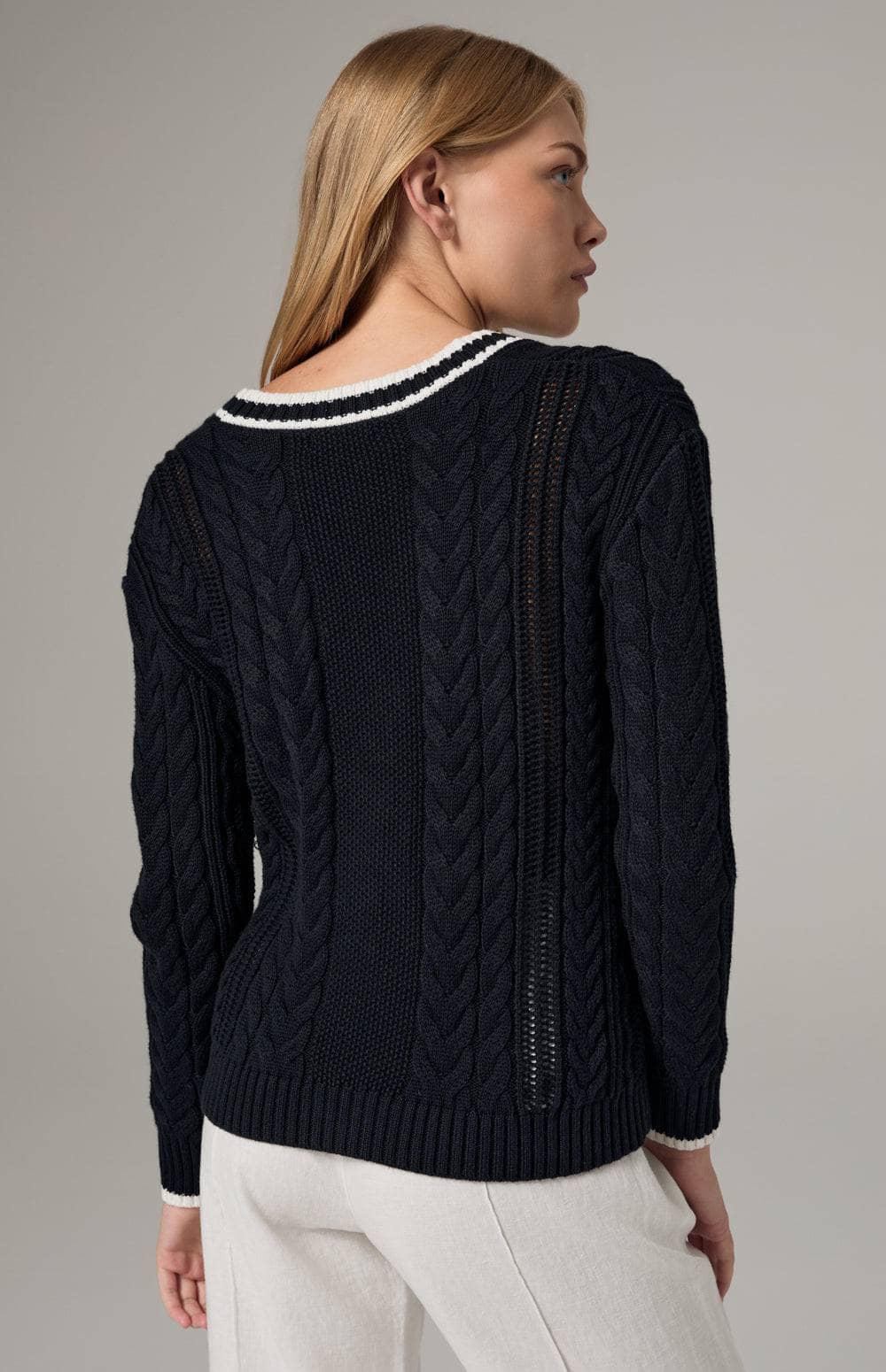 Alp N Rock Josilyn Cardigan, Women's Black Cable Knit Cardigan Sweater with White Stripe Border