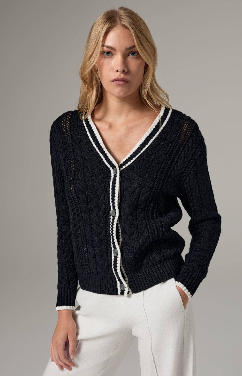 Alp N Rock Josilyn Cardigan, Women's Black Cable Knit Cardigan Sweater with White Stripe Border