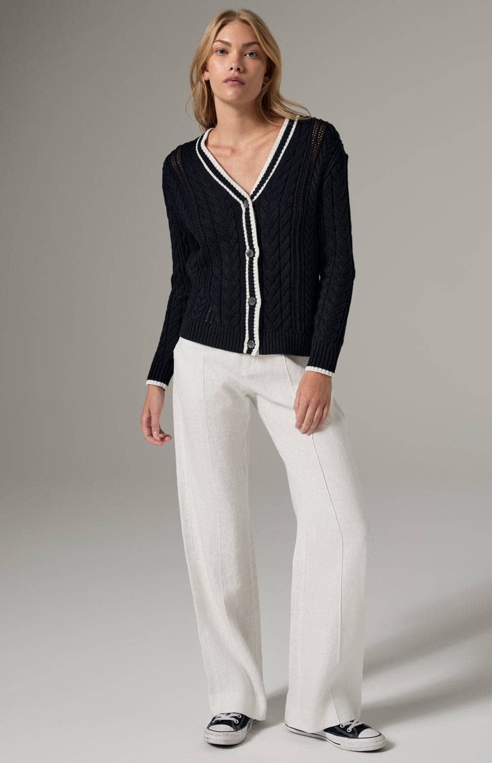 Alp N Rock Josilyn Cardigan, Women's Black Cable Knit Cardigan Sweater with White Stripe Border