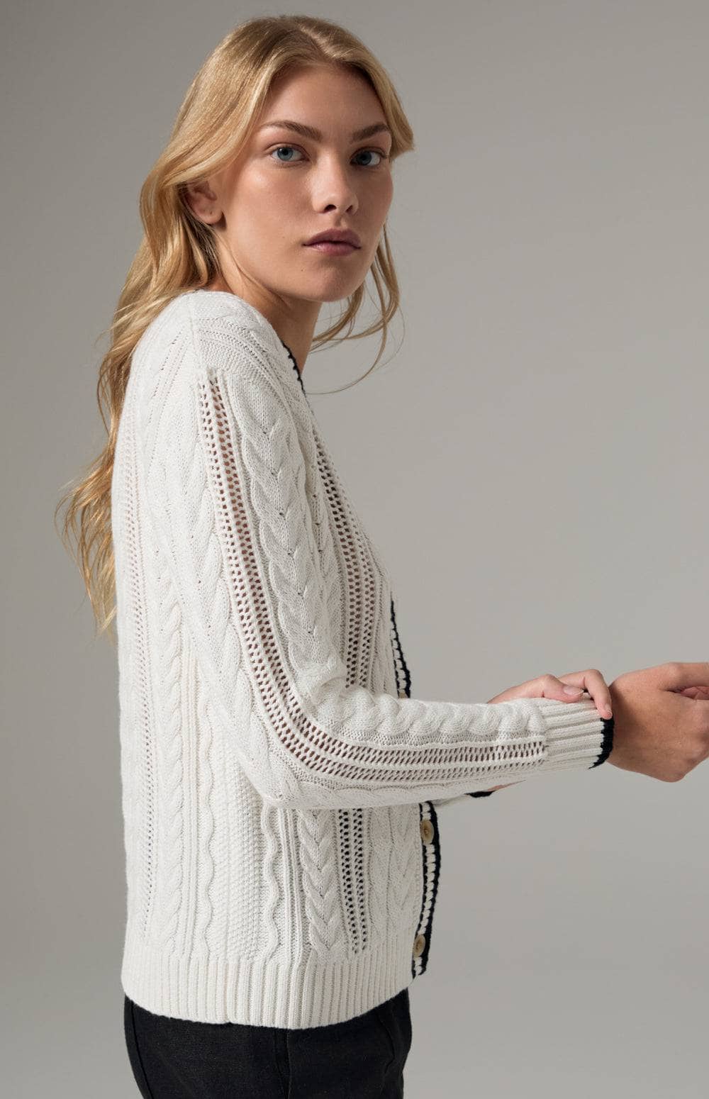 Alp N Rock Josilyn Cardigan, Women's White Cable Knit Cardigan Sweater with Black Stripe Border