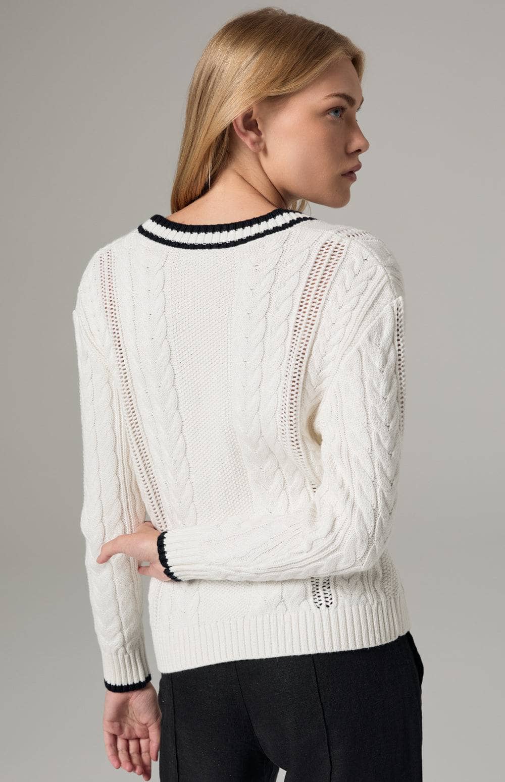 Alp N Rock Josilyn Cardigan, Women's White Cable Knit Cardigan Sweater with Black Stripe Border