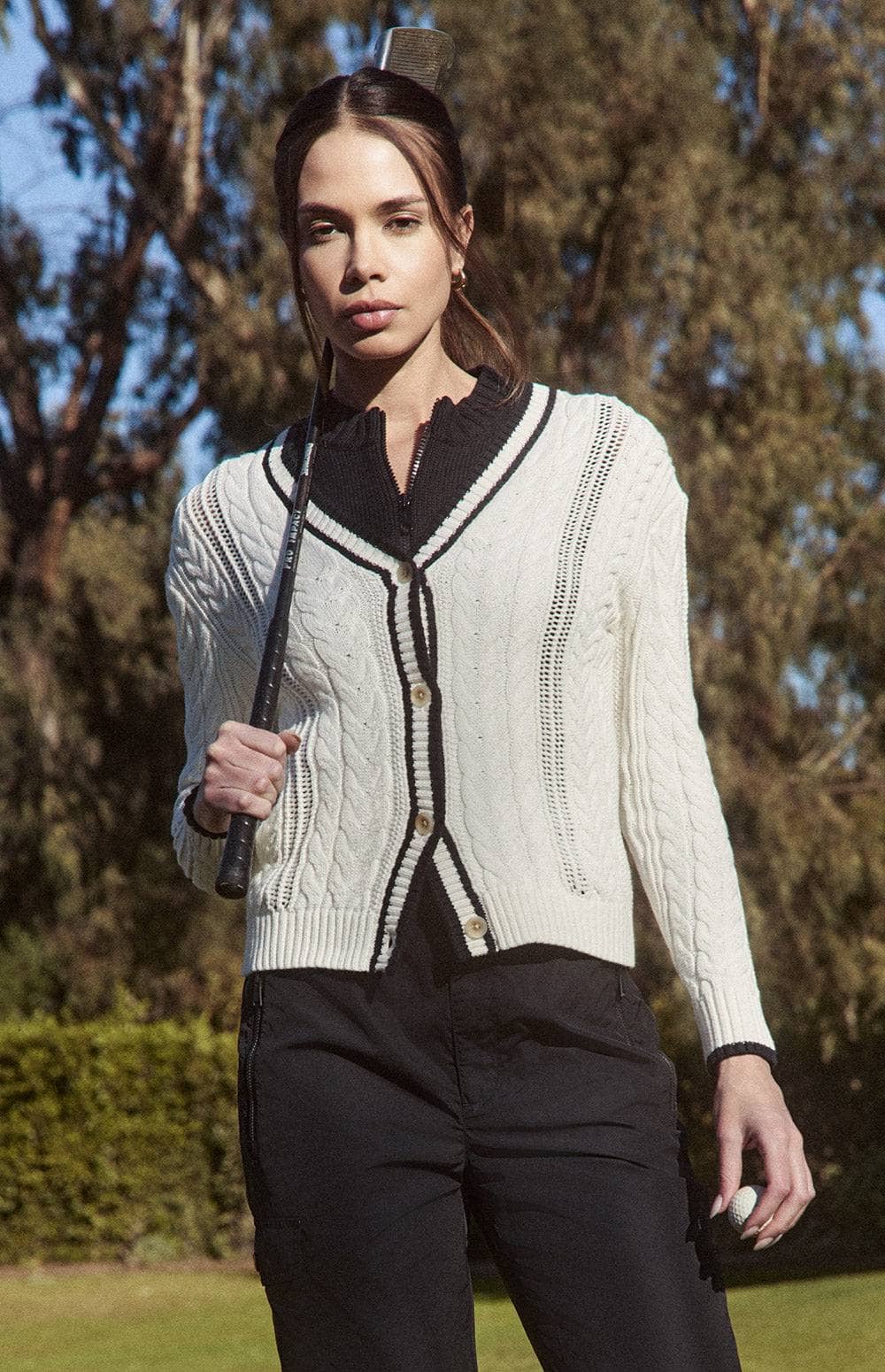 Alp N Rock Josilyn Cardigan, Women's White Cable Knit Cardigan Sweater with Black Stripe Border