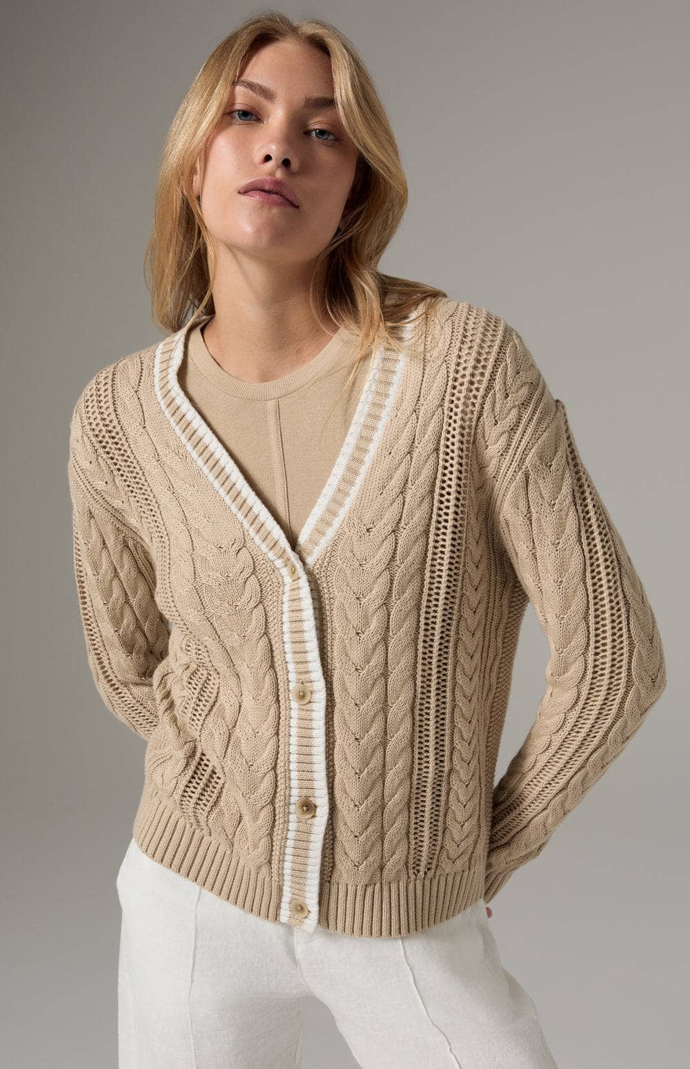 Alp N Rock Josilyn Cardigan, Women's Beige Cable Knit Cardigan Sweater with White Stripe Border