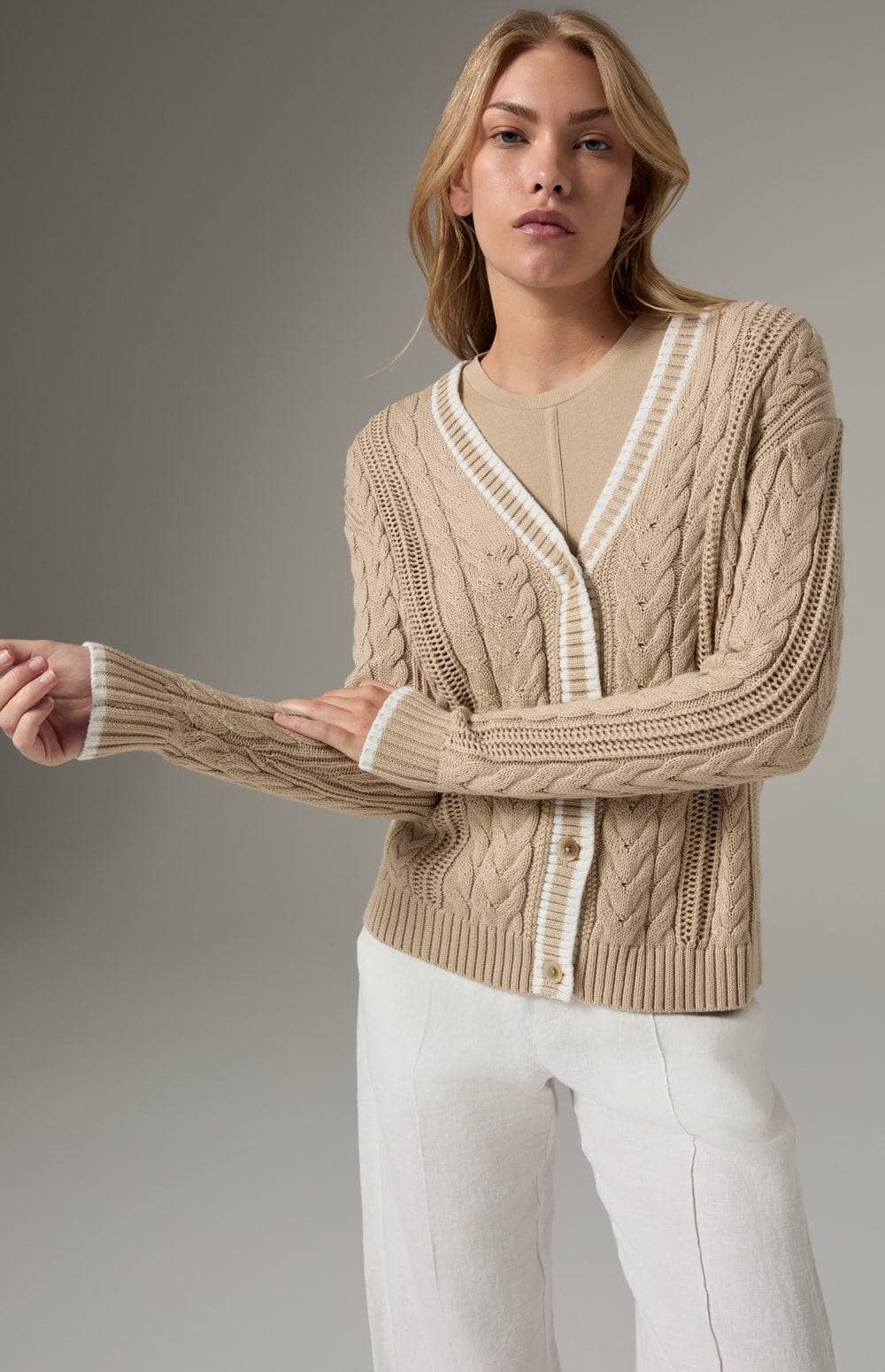 Alp N Rock Josilyn Cardigan, Women's Beige Cable Knit Cardigan Sweater with White Stripe Border