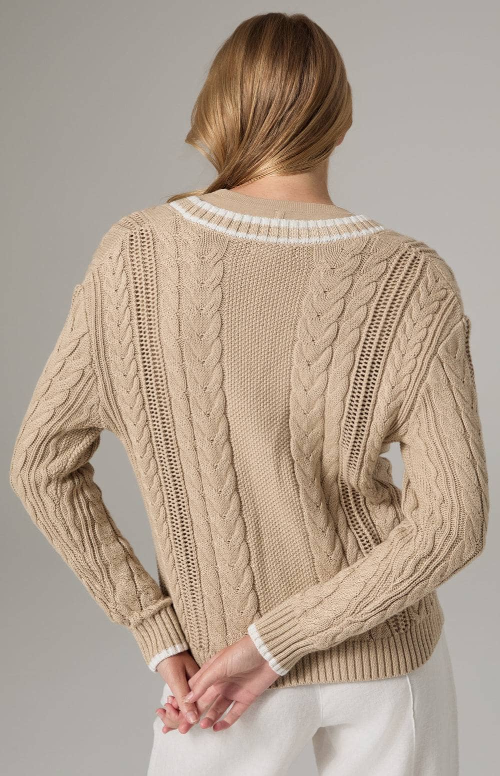 Alp N Rock Josilyn Cardigan, Women's Beige Cable Knit Cardigan Sweater with White Stripe Border