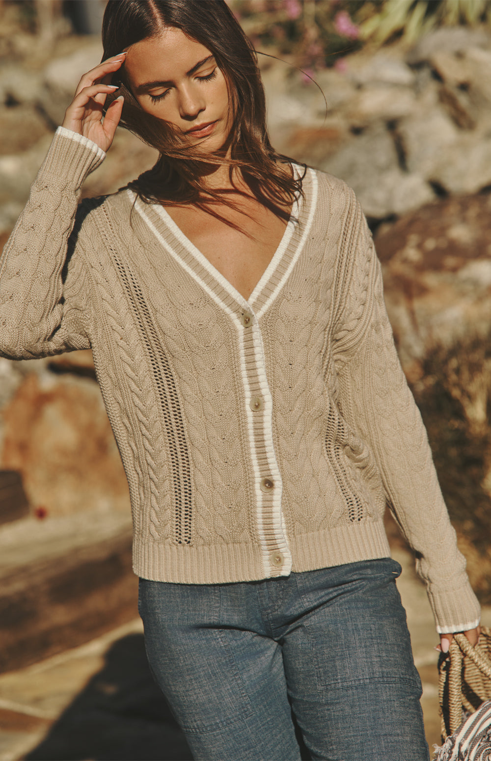 Alp N Rock Josilyn Cardigan, tan button front cotton cable knit cardigan for women