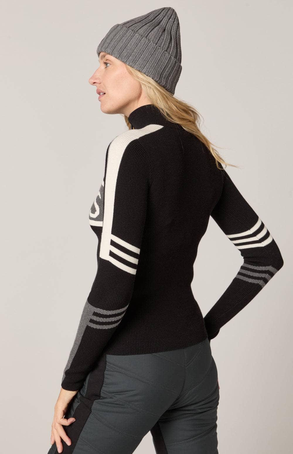 Kate Mockneck Sweater by Alp N Rock, Women's Black Ski Sweater with Grey Stripe and White Apres Lettering on Chest