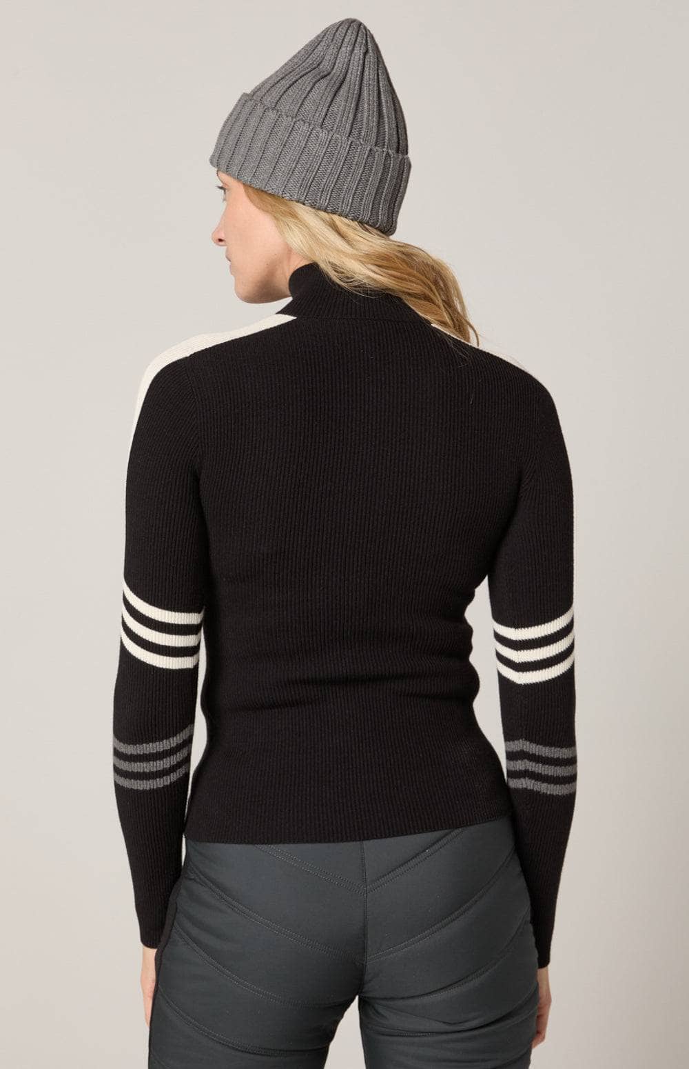 Kate Mockneck Sweater by Alp N Rock, Women's Black Ski Sweater with Grey Stripe and White Apres Lettering on Chest