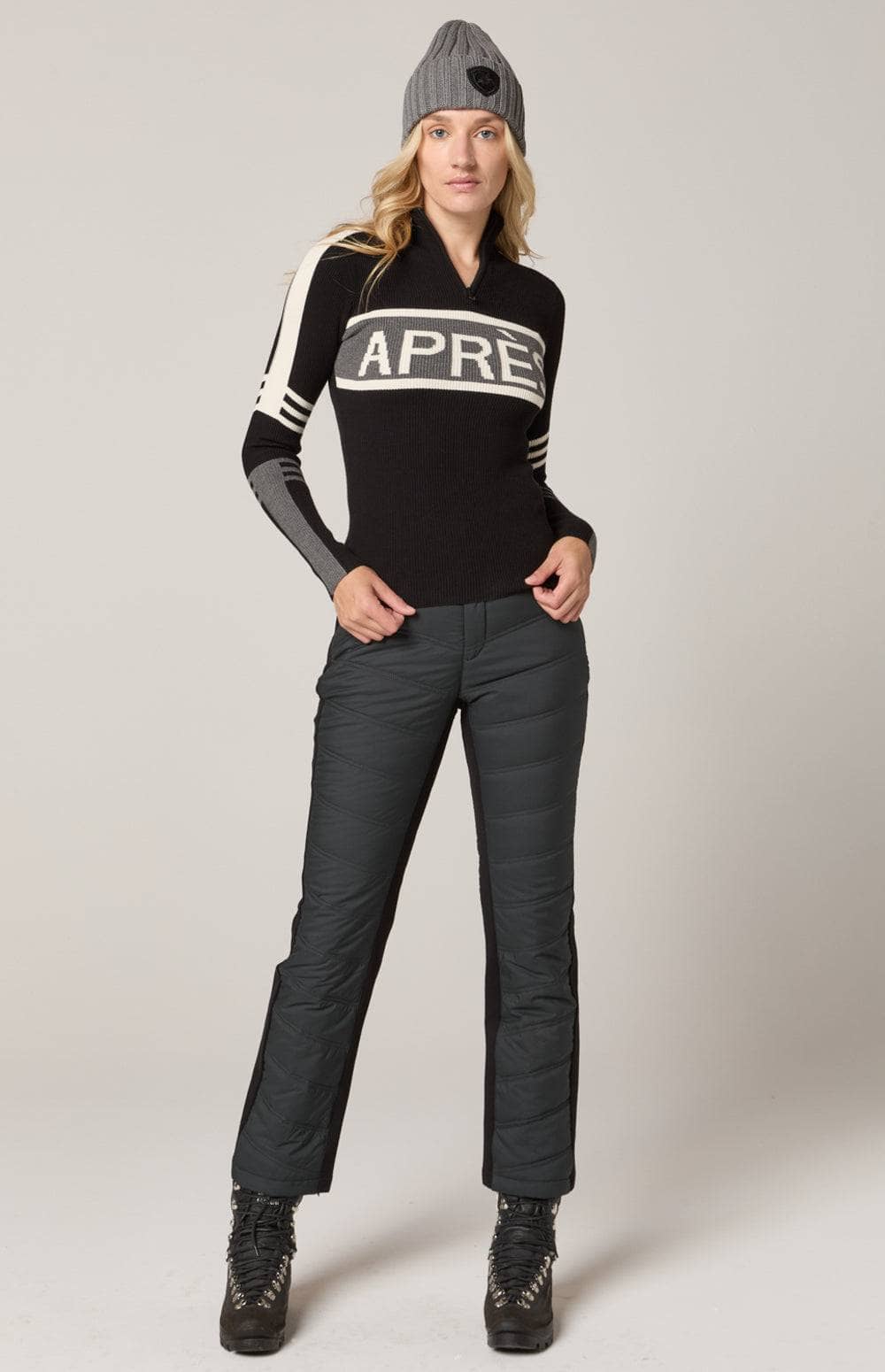 Kate Mockneck Sweater by Alp N Rock, Women's Black Ski Sweater with Grey Stripe and White Apres Lettering on Chest