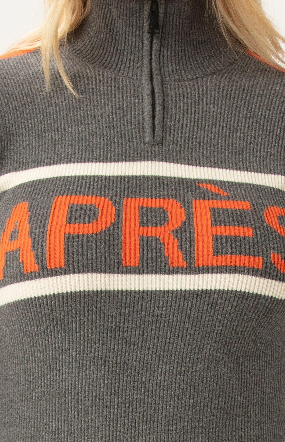 Kate Mockneck Sweater by Alp N Rock, Women's Grey Ski Sweater with Orange and White Stripes and Apres Lettering on Chest