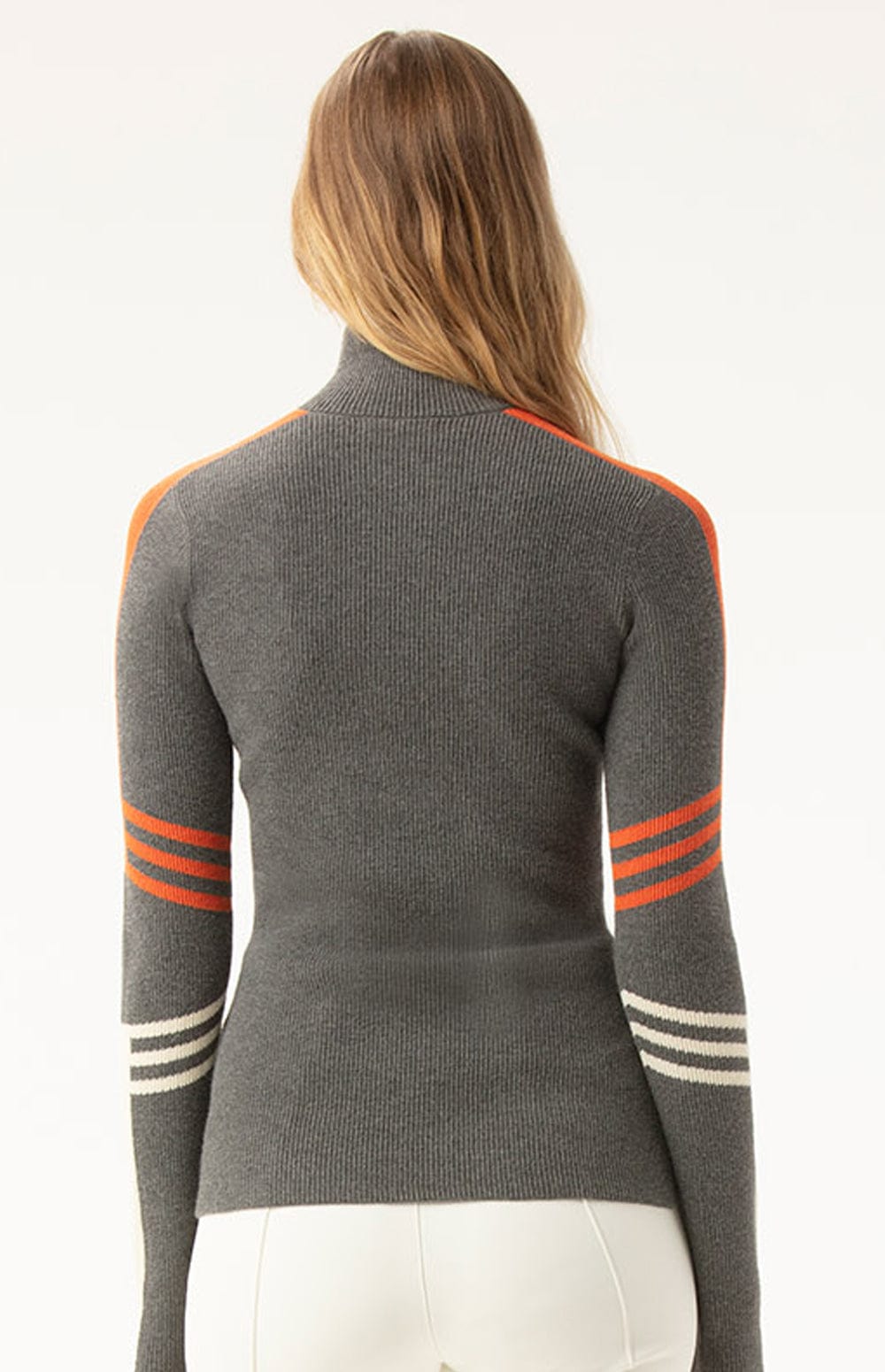 Kate Mockneck Sweater by Alp N Rock, Women's Grey Ski Sweater with Orange and White Stripes and Apres Lettering on Chest