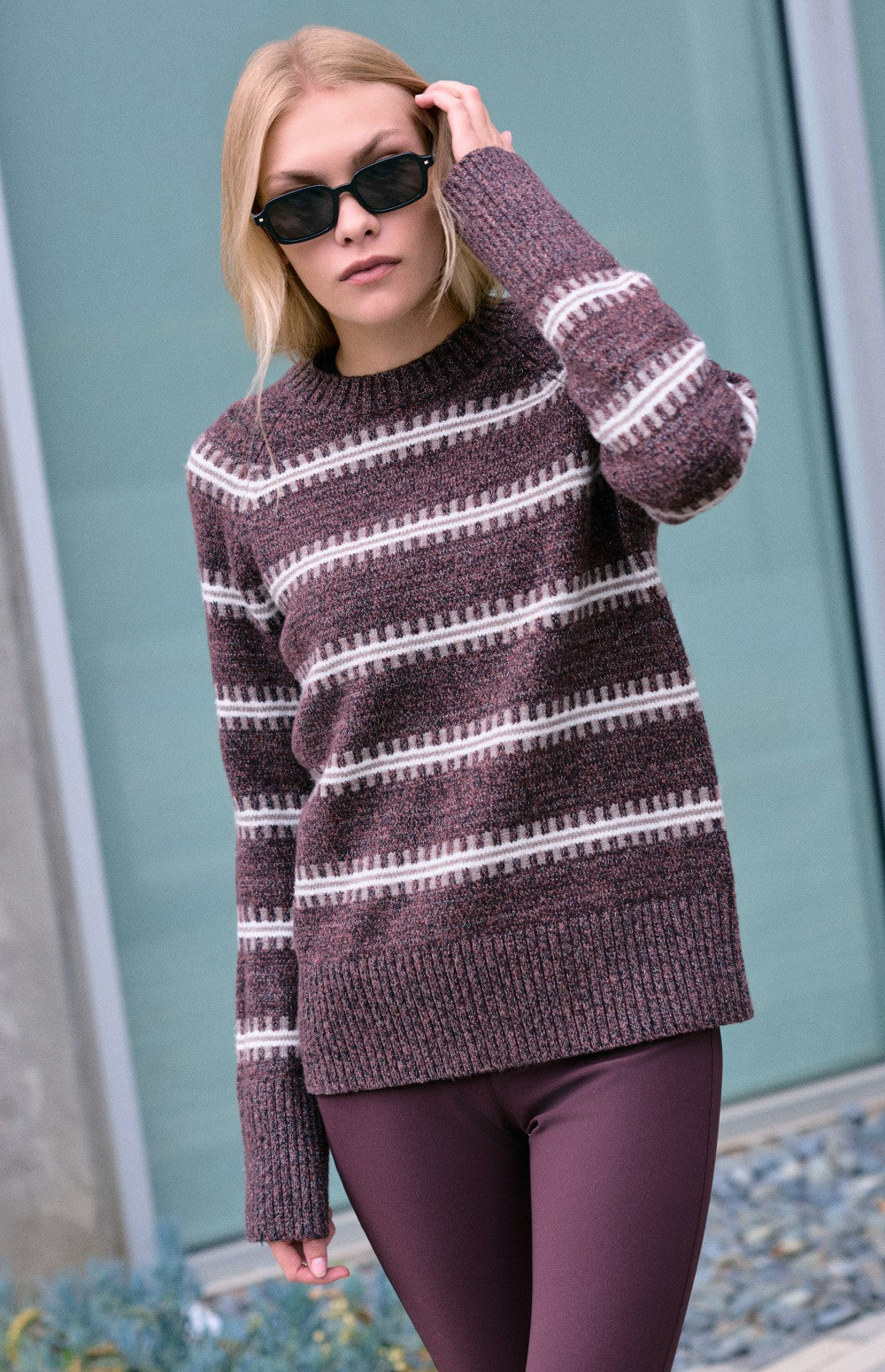 Alp N Rock Kelly Lurex Crewneck Sweater, dark red striped crewneck sweater for women