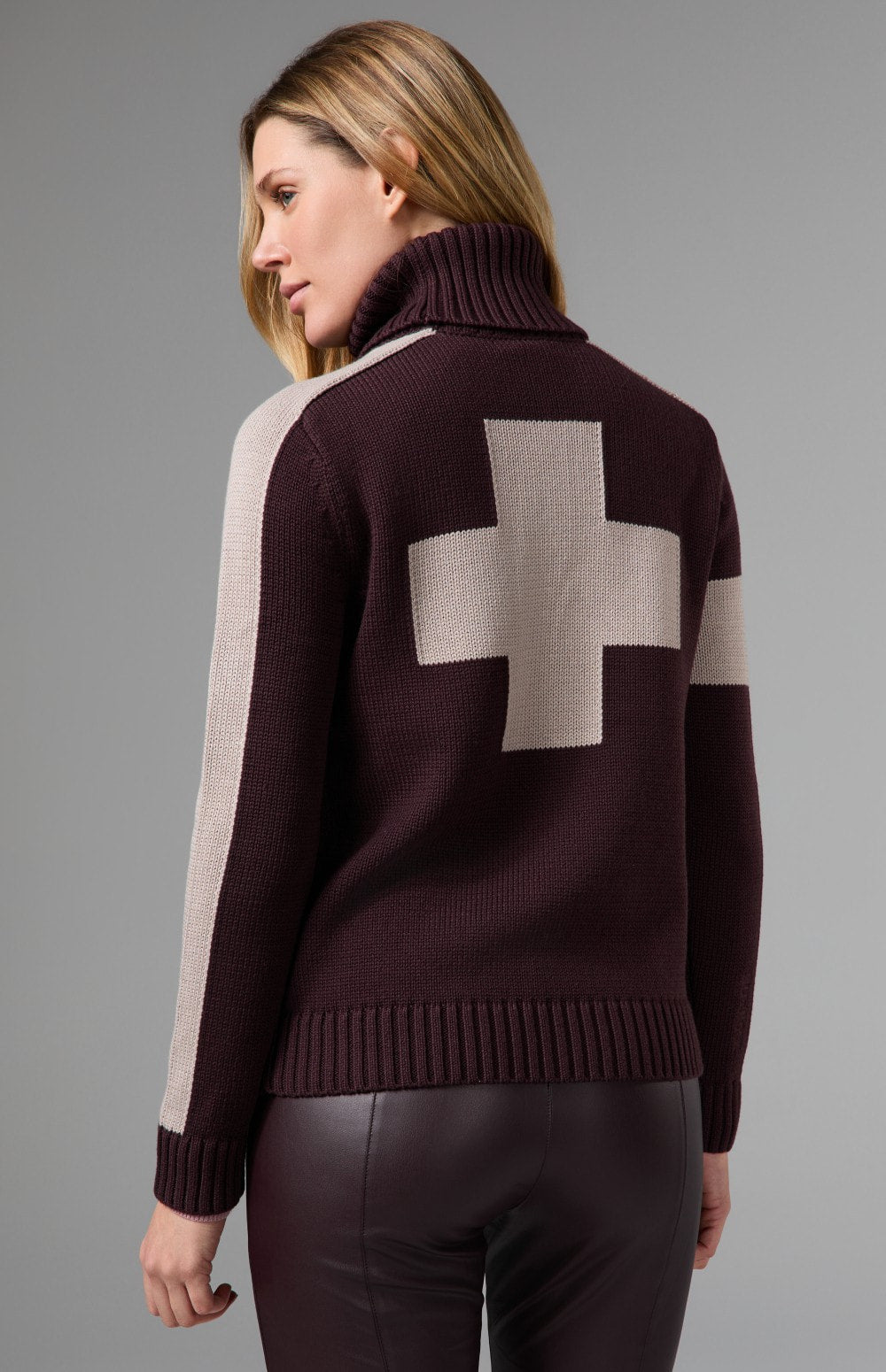 Alp N Rock Killian II Sweater, women's dark red turtleneck sweater with ivory cross and stripe details