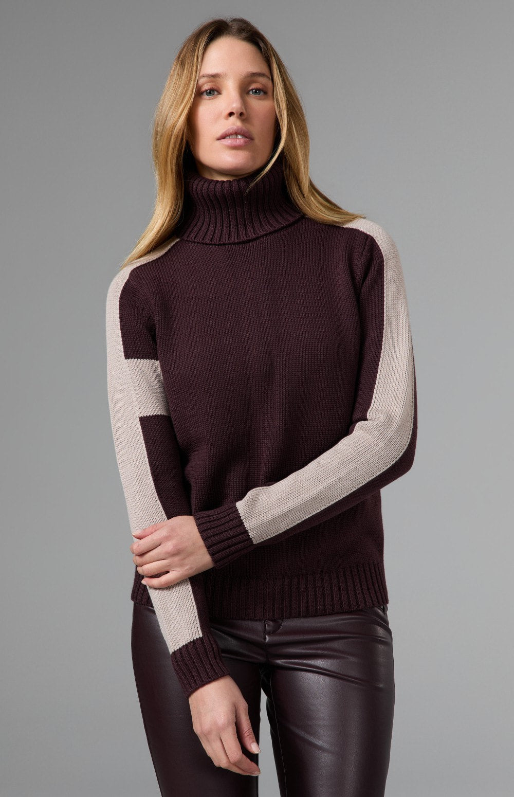 Alp N Rock Killian II Sweater, women's dark red turtleneck sweater with ivory cross and stripe details