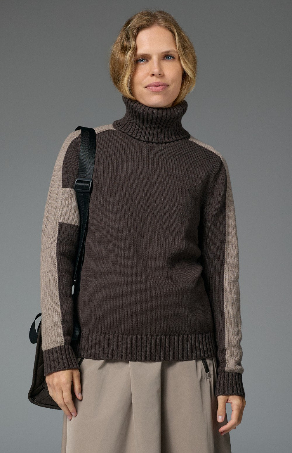 Killian II Sweater by Alp N Rock, Women's dark brown Turtleneck Sweater with taupe Stripes On the Arm and taupe Cross on Back