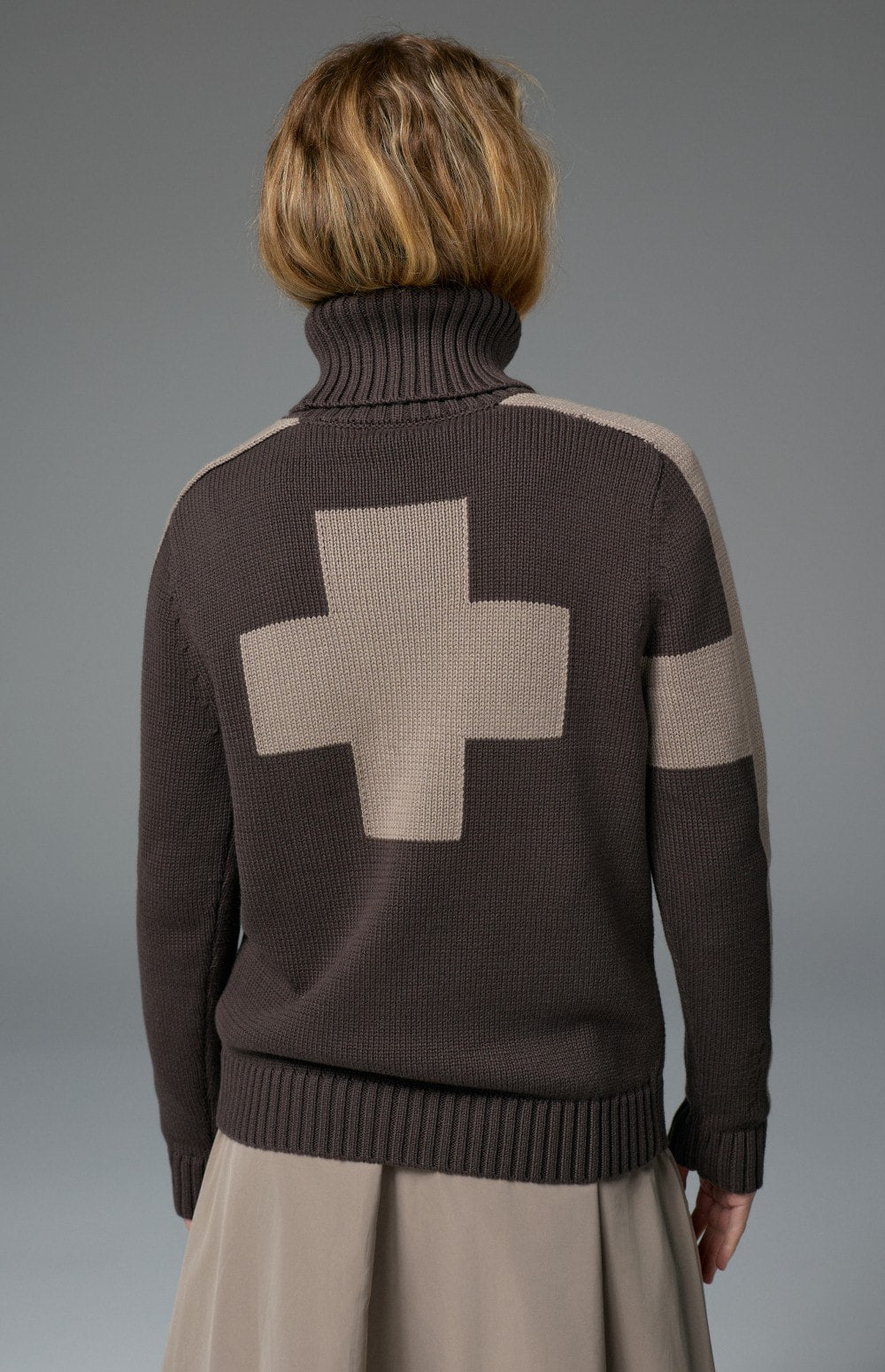Killian II Sweater by Alp N Rock, Women's dark brown Turtleneck Sweater with taupe Stripes On the Arm and taupe Cross on Back