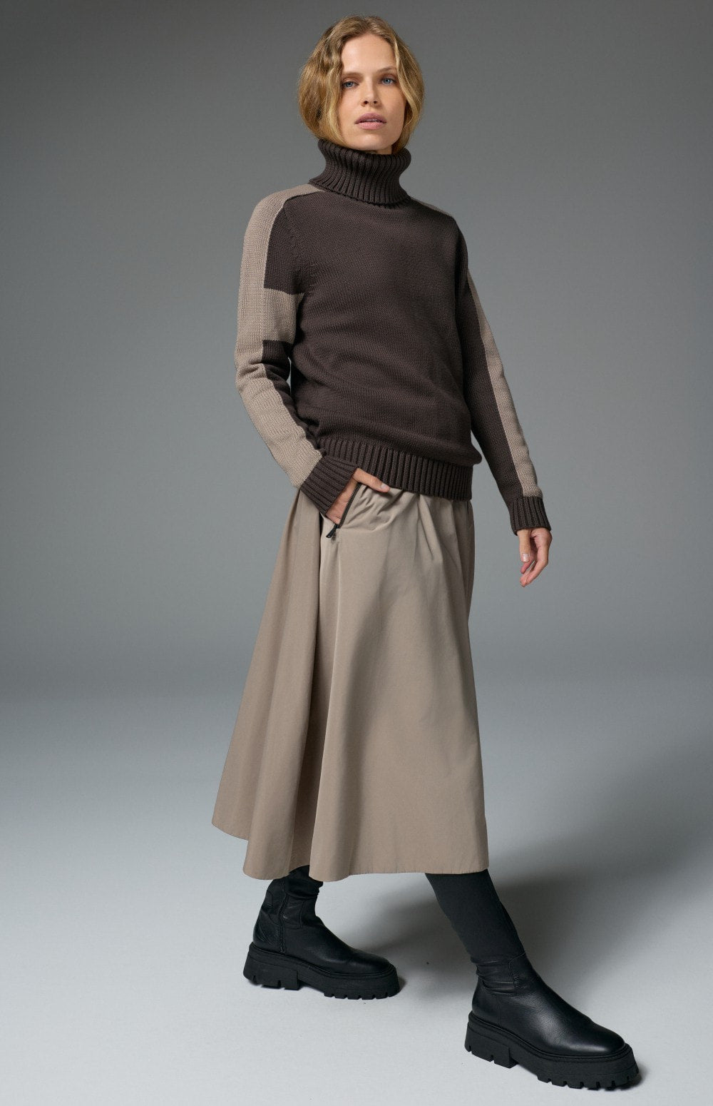 Killian II Sweater by Alp N Rock, Women's dark brown Turtleneck Sweater with taupe Stripes On the Arm and taupe Cross on Back
