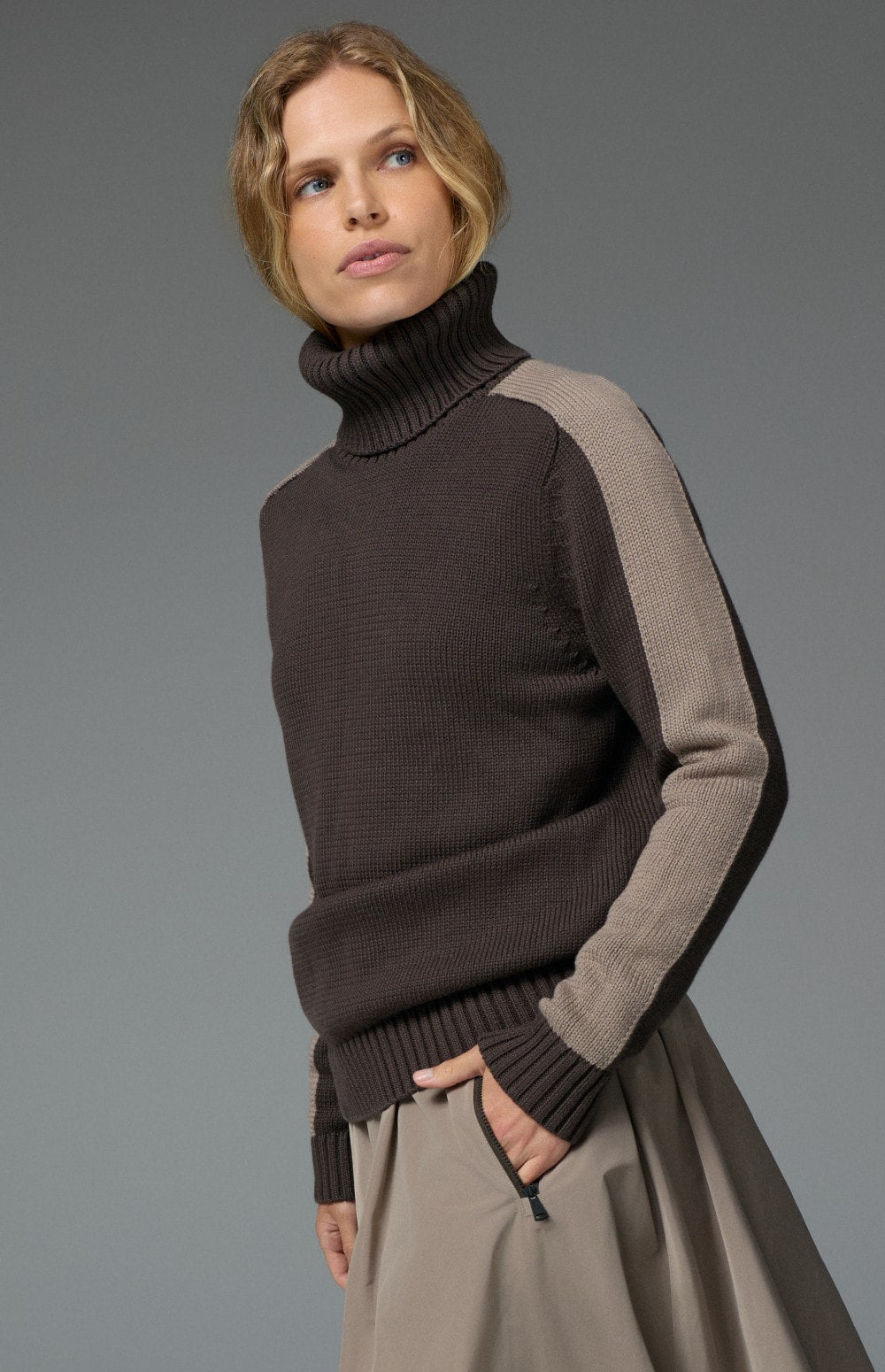 Killian II Sweater by Alp N Rock, Women's dark brown Turtleneck Sweater with taupe Stripes On the Arm and taupe Cross on Back