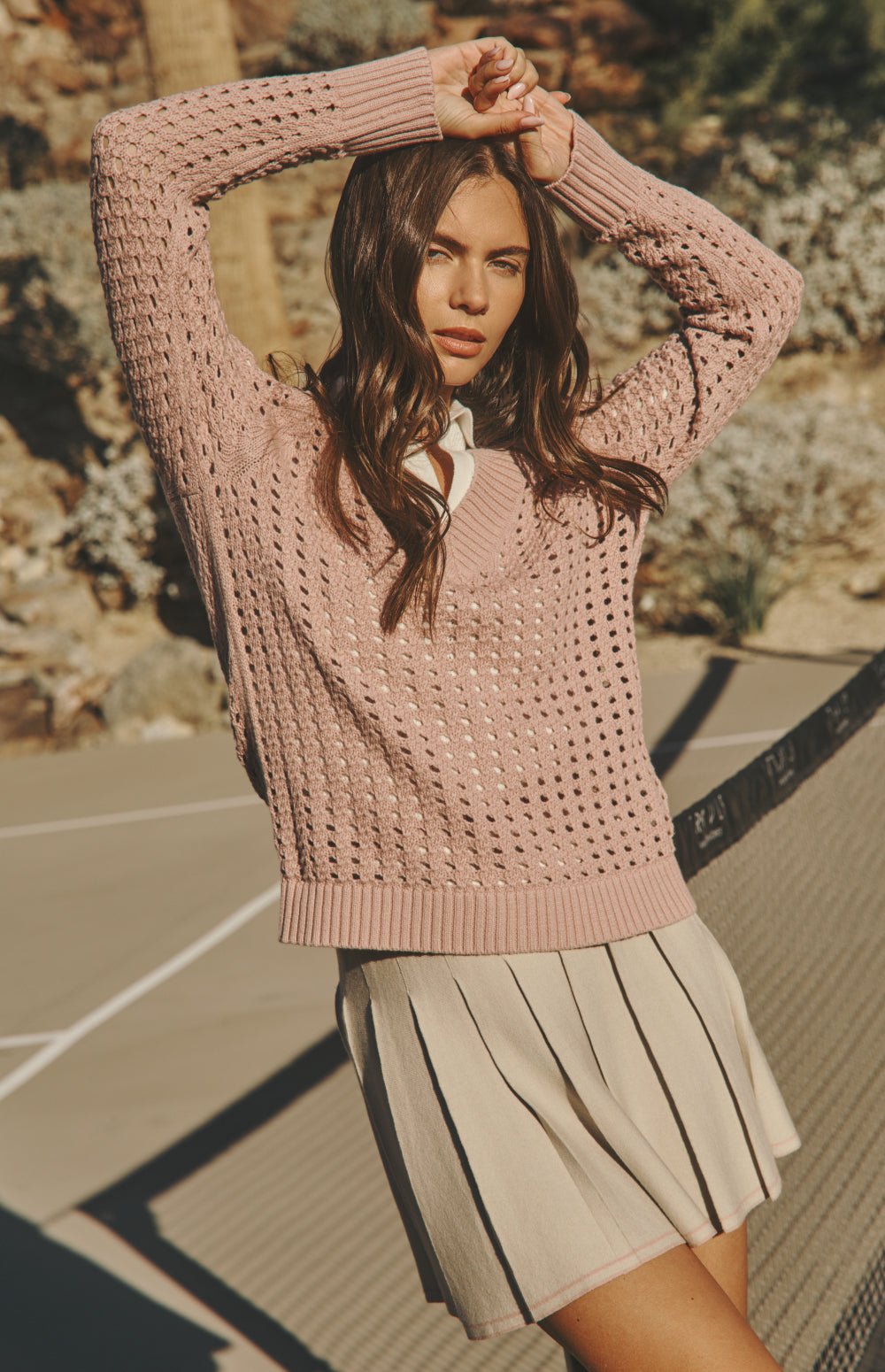 Alp N Rock Kinna Sweater, rose pink open weave v neck sweater for women
