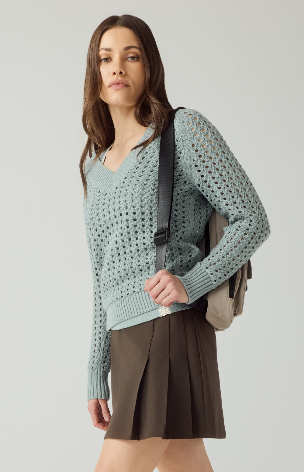 Alp N Rock Kinna Sweater, silver blue open weave v neck sweater for women