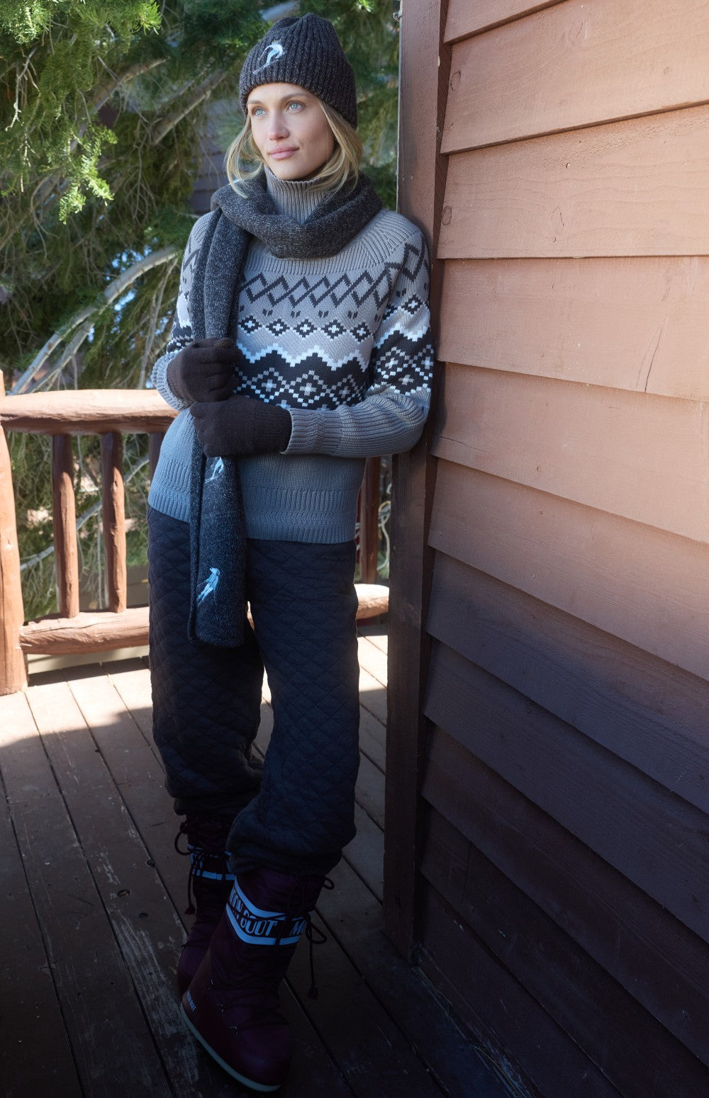 Alp N Rock Leighton Sweater, taupe and dark brown Fair Isle mock neck ski sweater for women