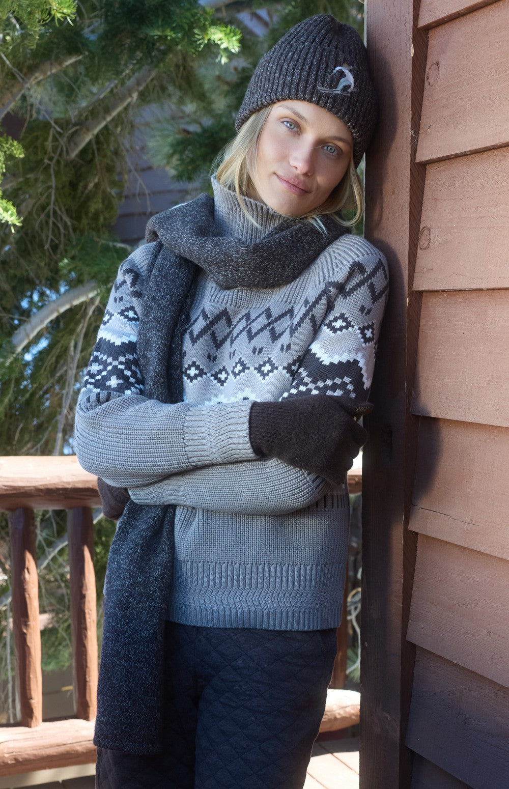 Alp N Rock Leighton Sweater, taupe and dark brown Fair Isle mock neck ski sweater for women