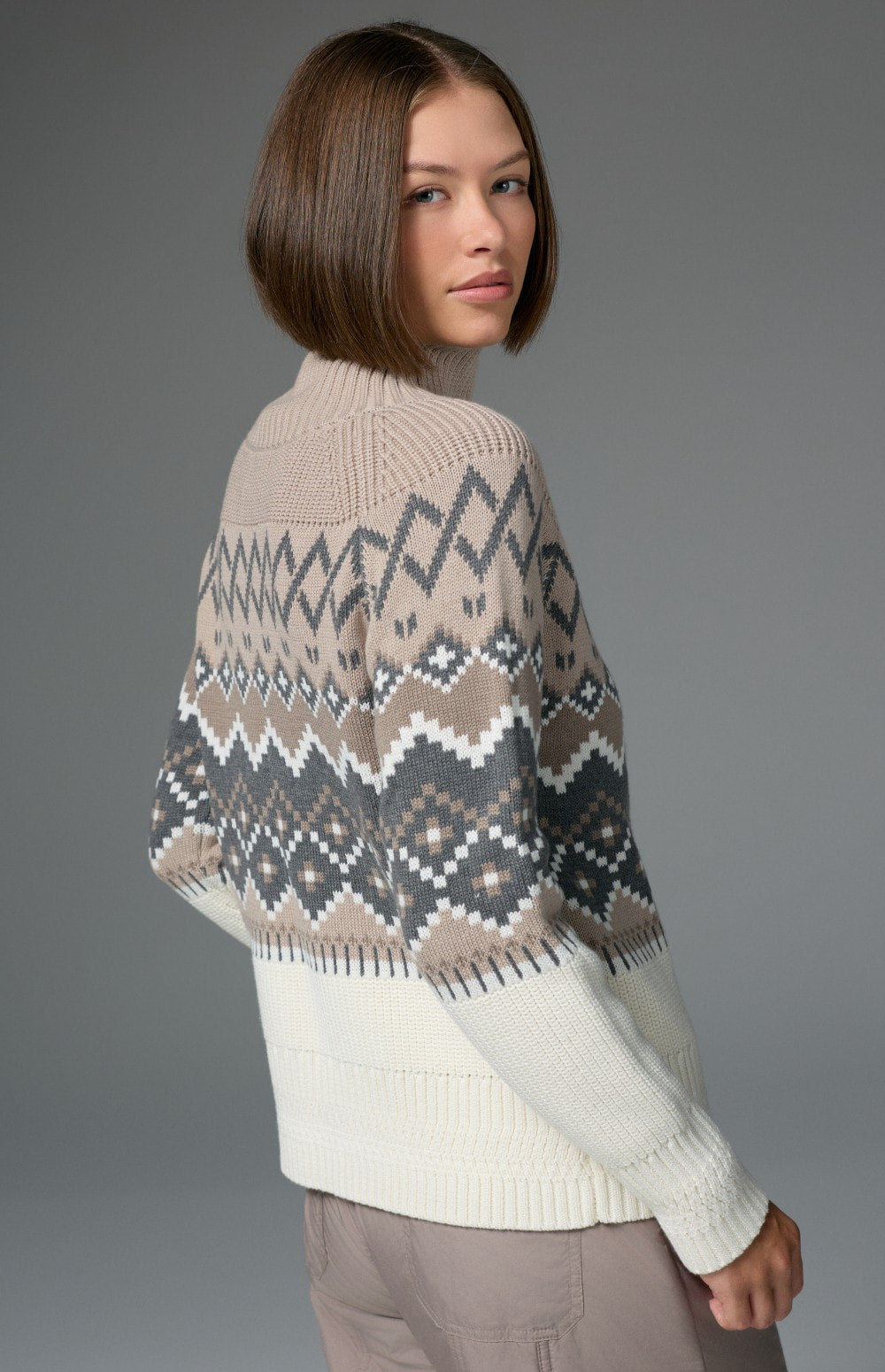 Alp N Rock Leighton Sweater, taupe and  heather grey Fair Isle mock neck ski sweater for women