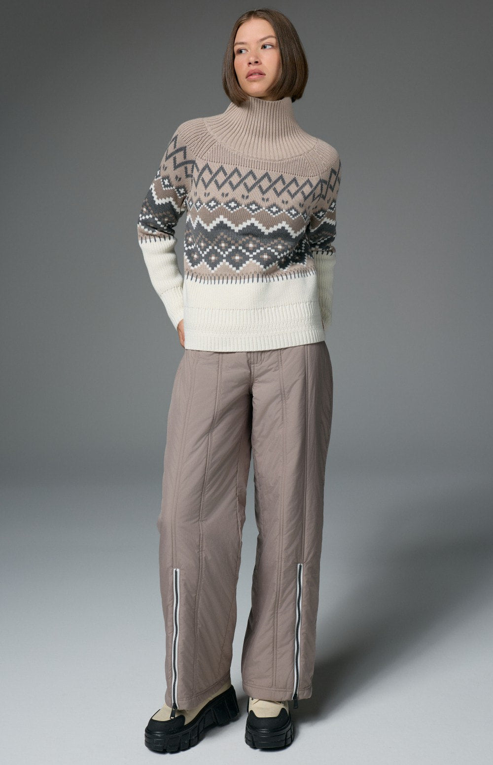Alp N Rock Leighton Sweater, taupe and  heather grey Fair Isle mock neck ski sweater for women