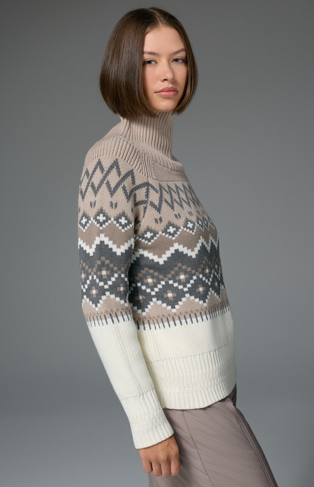 Alp N Rock Leighton Sweater, taupe and  heather grey Fair Isle mock neck ski sweater for women