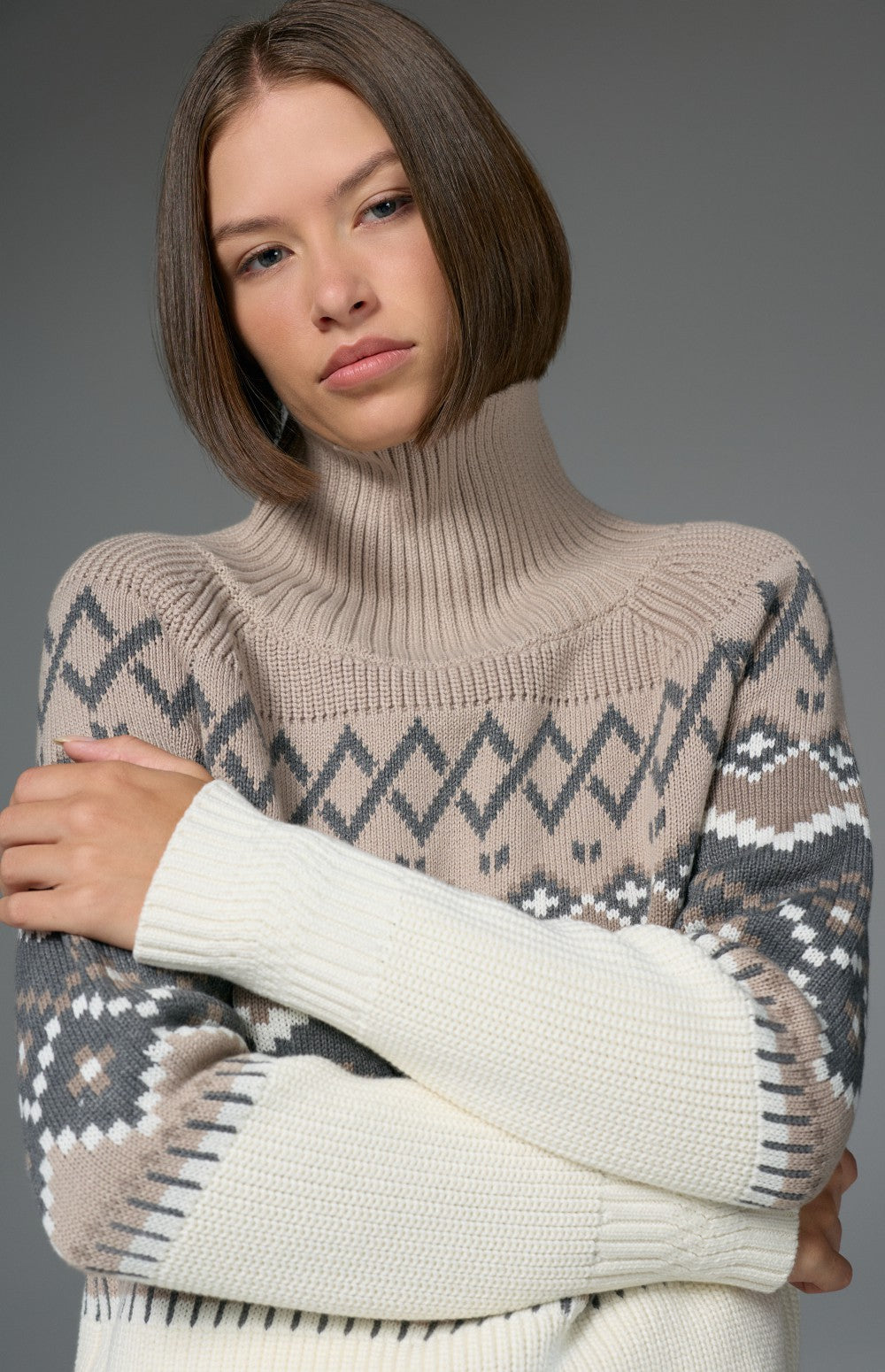 Alp N Rock Leighton Sweater, taupe and  heather grey Fair Isle mock neck ski sweater for women
