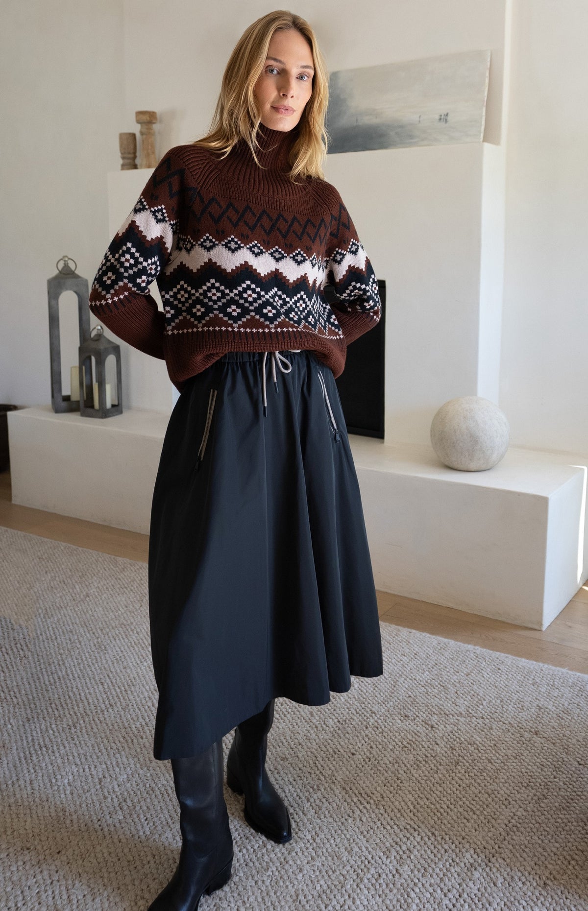 Alp N Rock Leighton Mock Neck Ski Sweater, dark red fair isle patterned ski sweater for women
