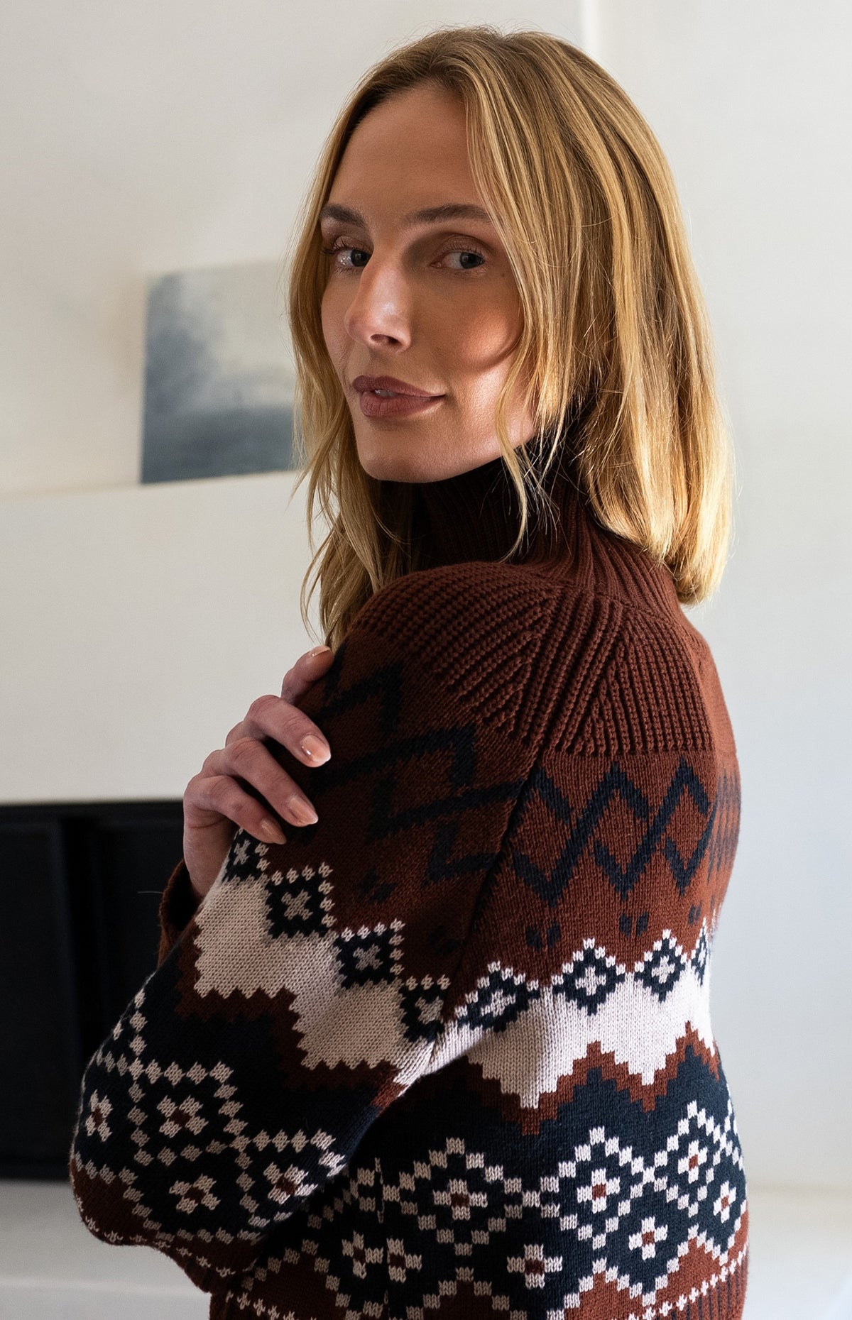 Alp N Rock Leighton Mock Neck Ski Sweater, dark red fair isle patterned ski sweater for women