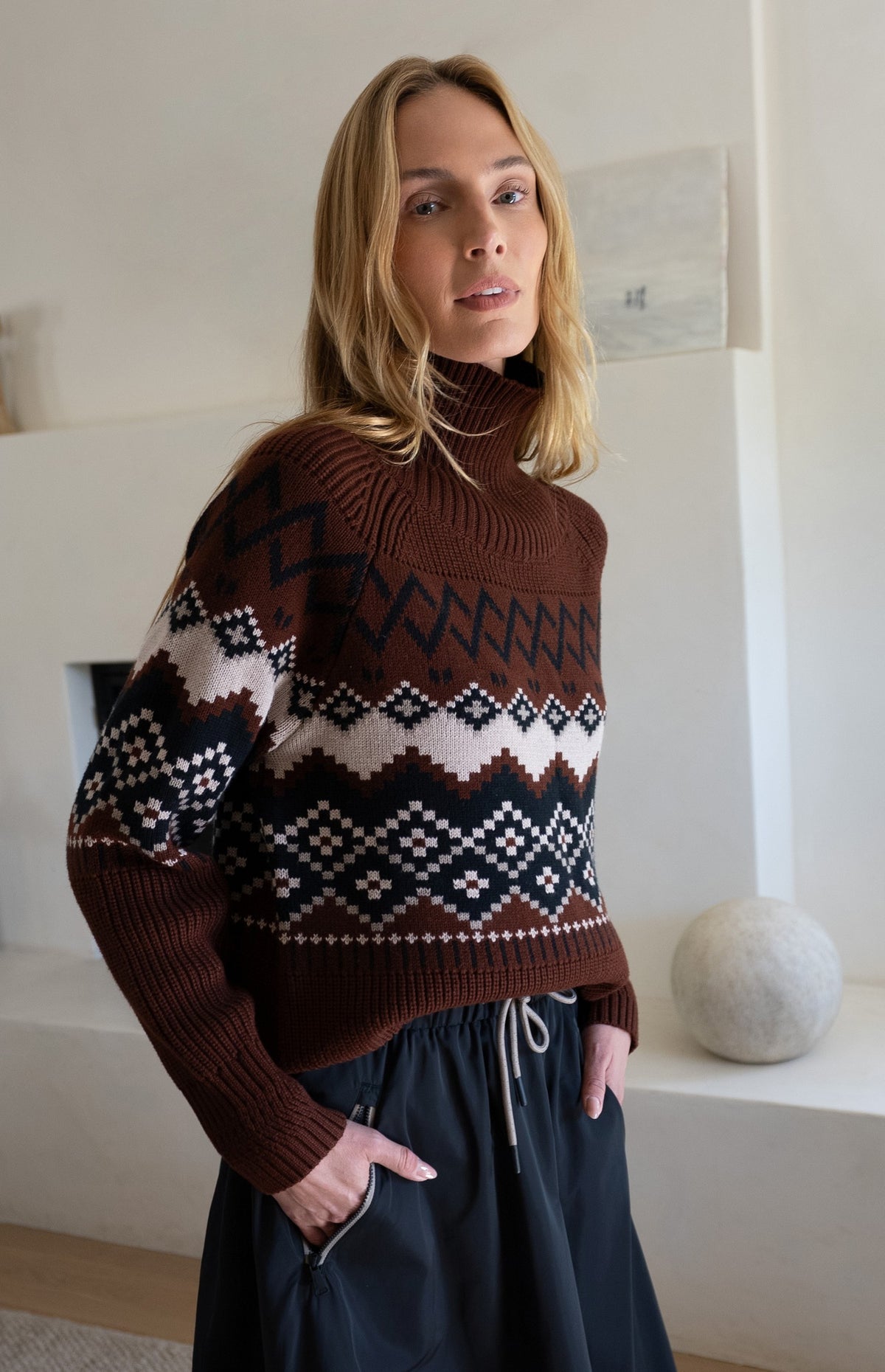 Alp N Rock Leighton Mock Neck Ski Sweater, dark red fair isle patterned ski sweater for women