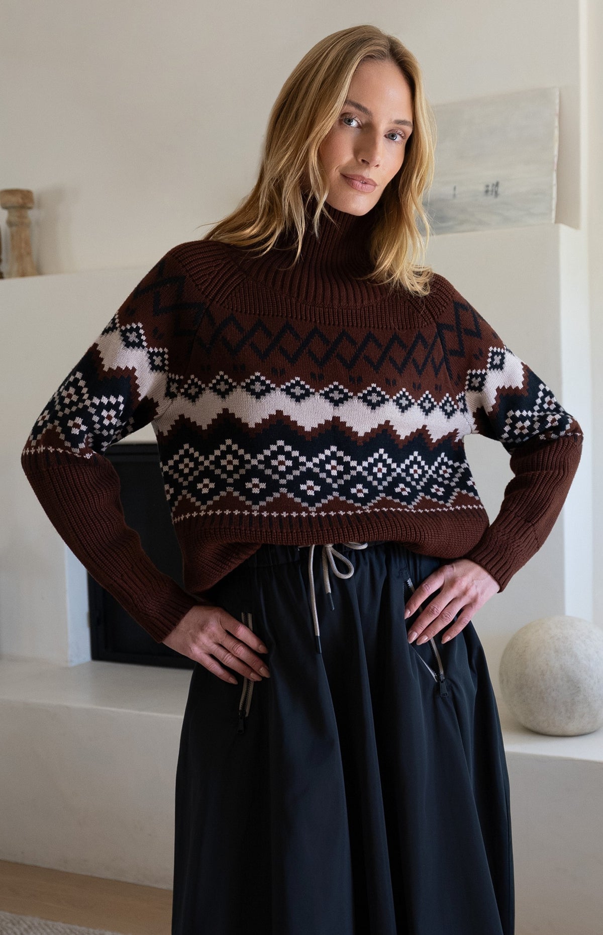 Alp N Rock Leighton Mock Neck Ski Sweater, dark red fair isle patterned ski sweater for women