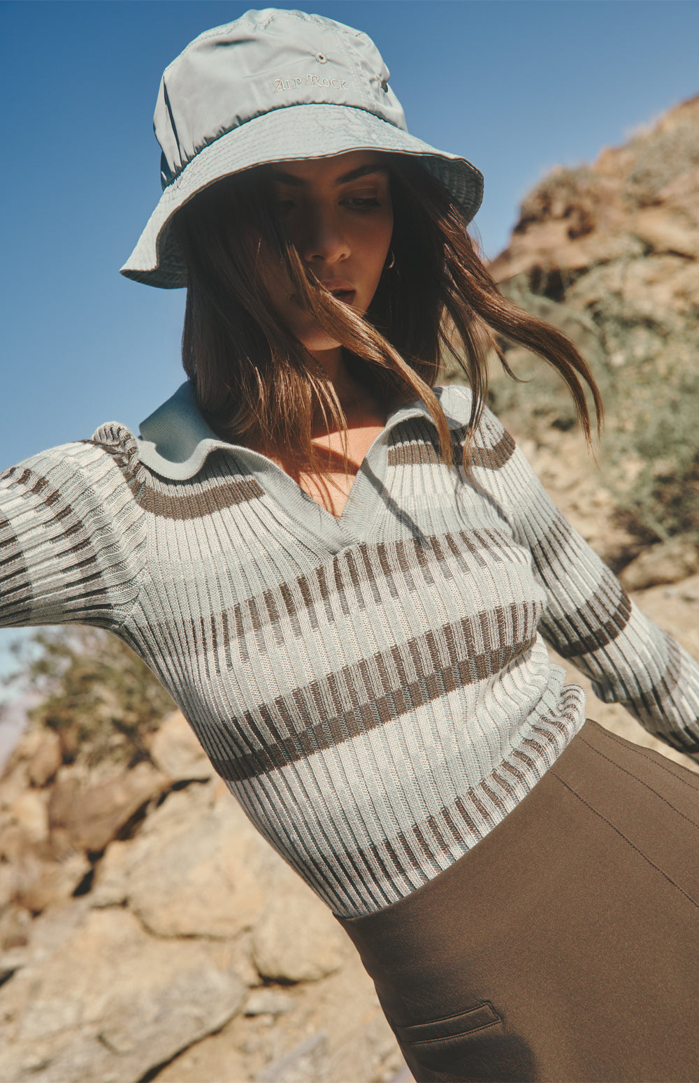 Alp N Rock Luisa Sweater, silver blue striped ribbed knit polo sweater for women