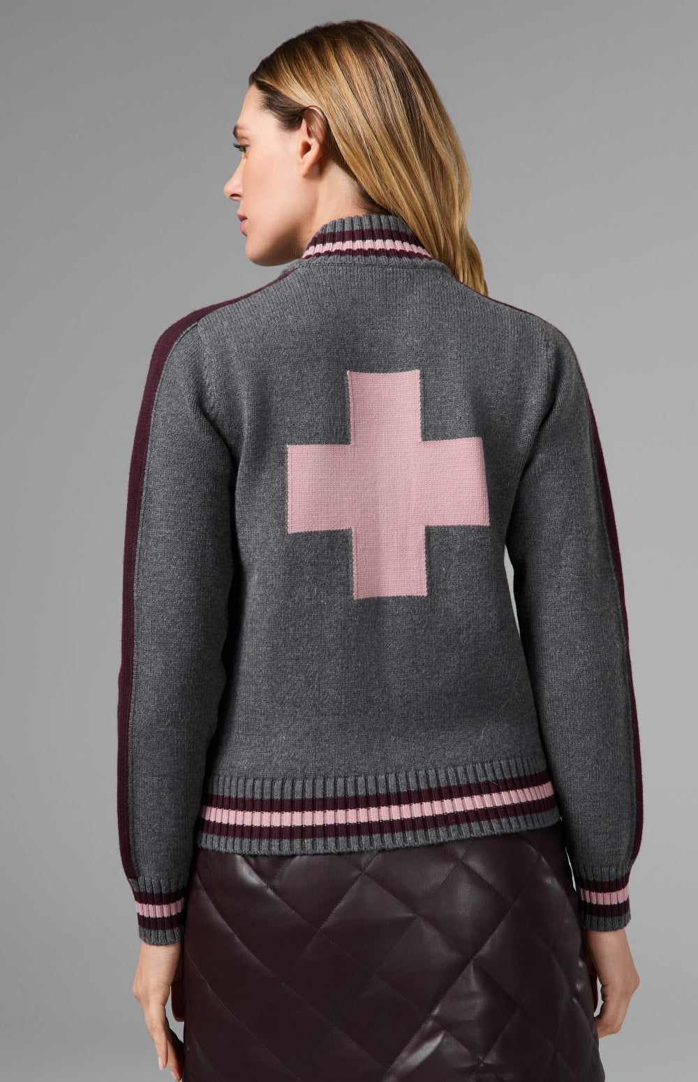 Alp N Rock Lynne Zip Sweater Jacket, heather grey zipped sweater jacket with striped trim